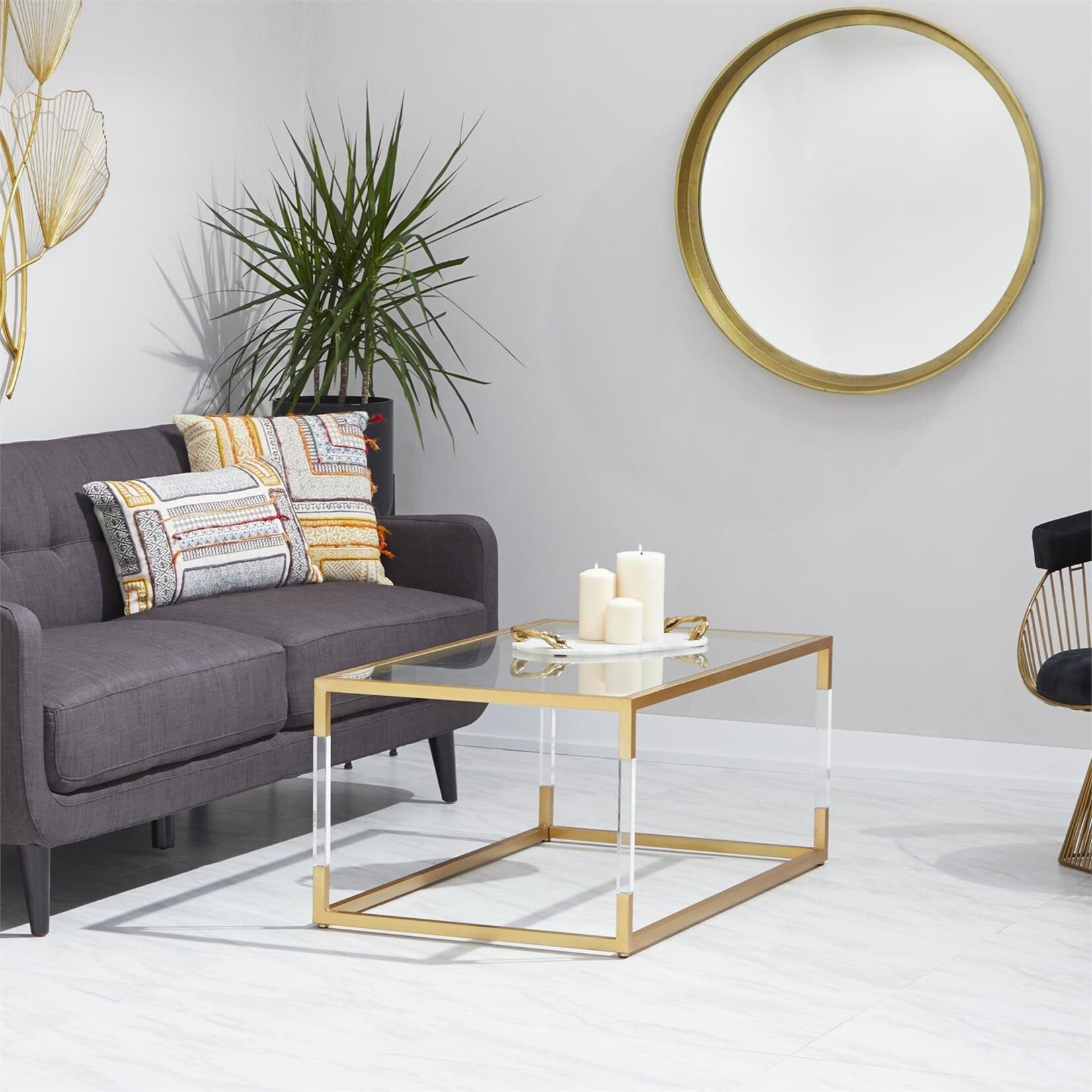 Deco Marche Gold Metal Open Framed Coffee Table with Clear Glass Top and Acrylic Legs