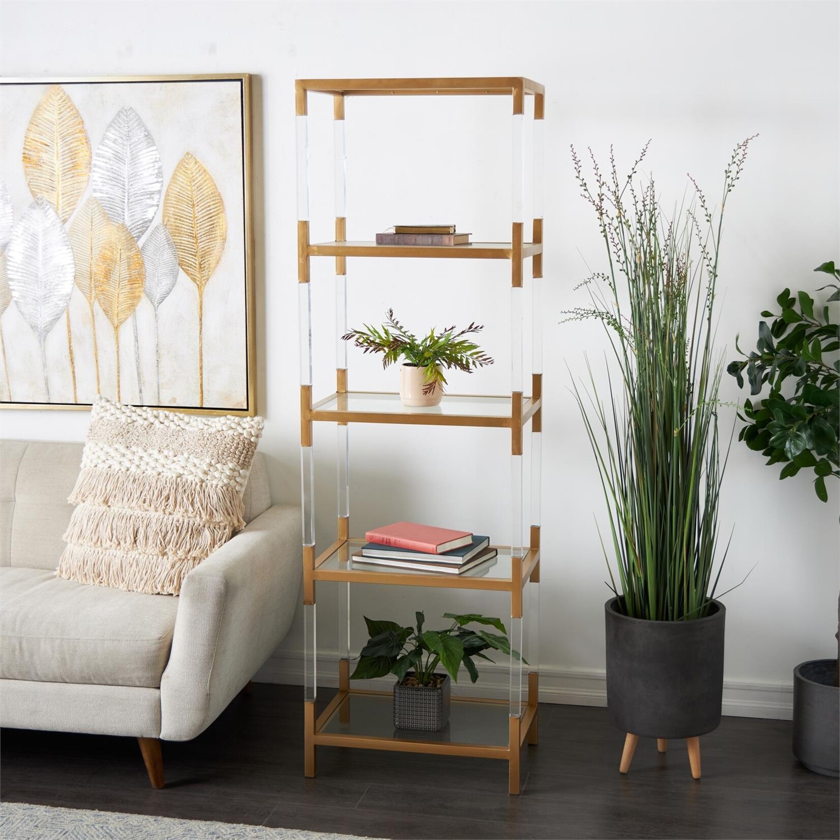 Deco Marche Gold Metal Cube Shaped 4 Tier Storage Shelving Unit with Clear Glass Top and Acrylic Legs