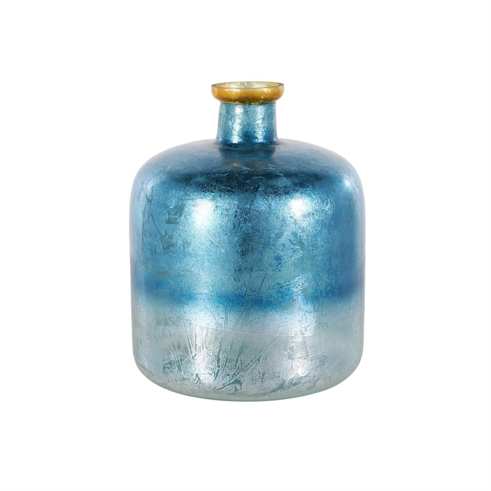 Deco Marche Blue Glass Handmade Decorative Vase with Gold Rim, 10" x 10" x 12"