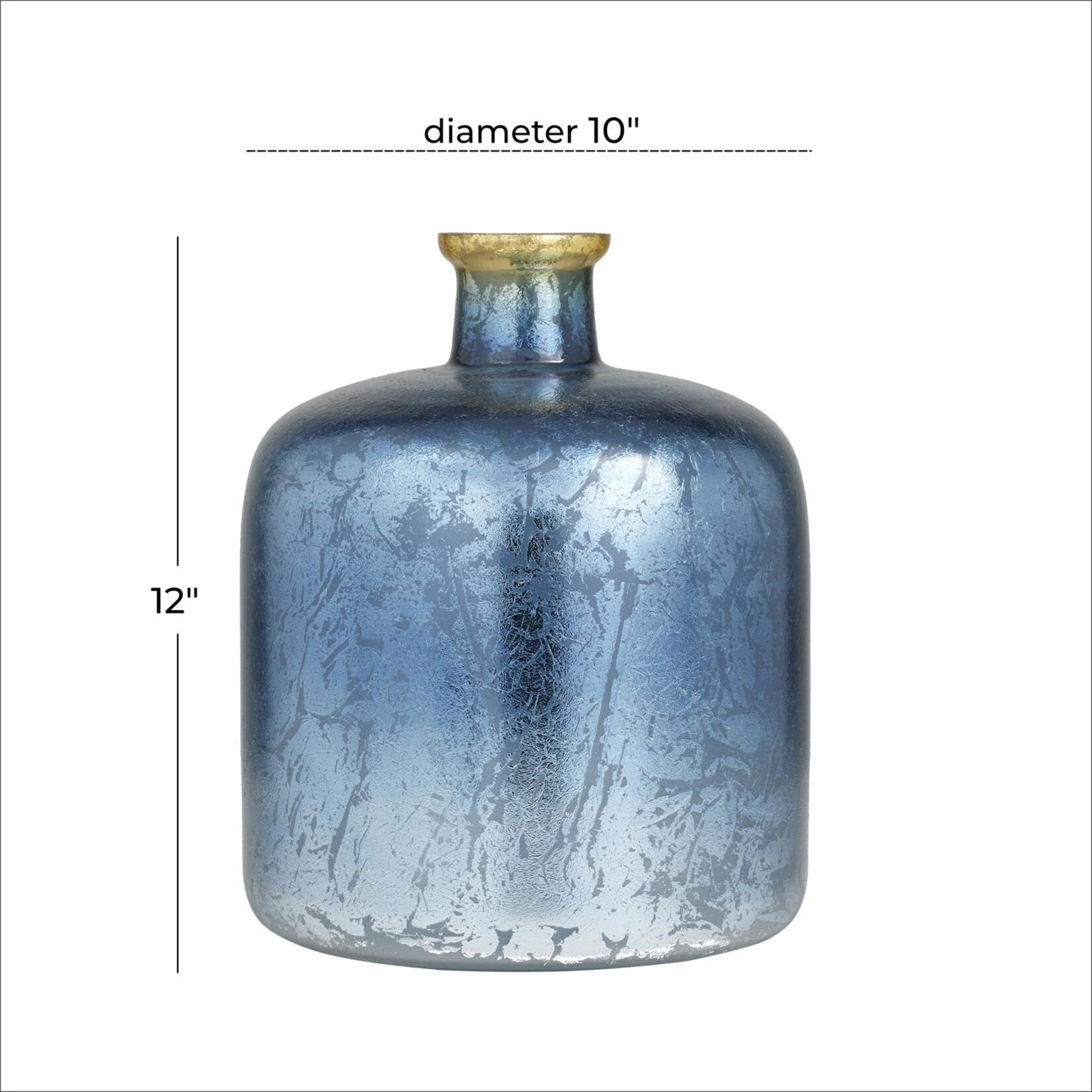 Deco Marche Blue Glass Handmade Decorative Vase with Gold Rim, 10" x 10" x 12"