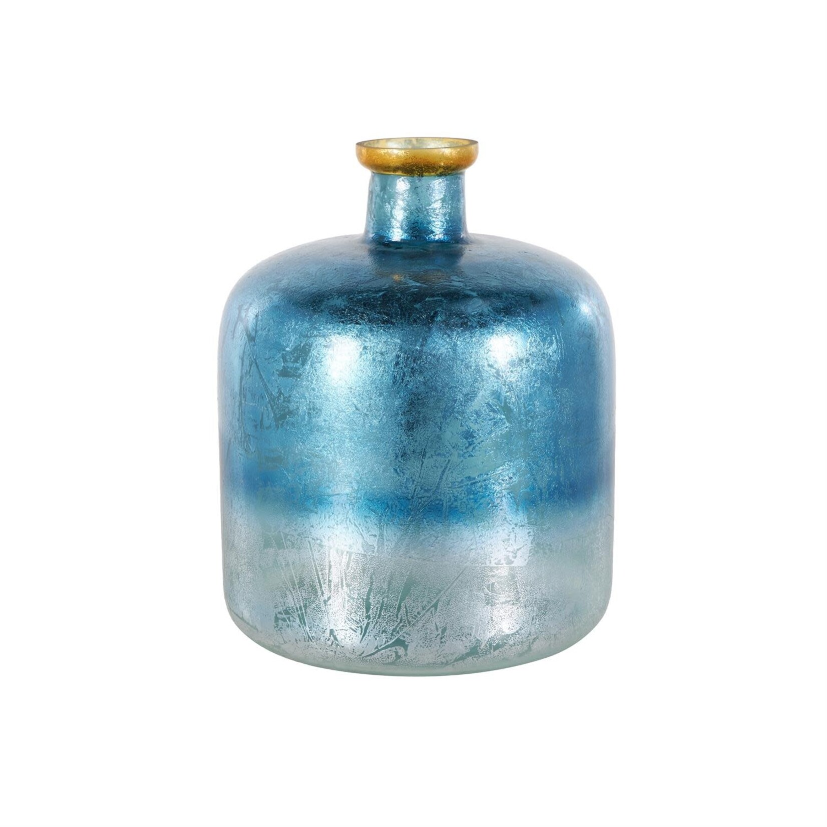 Deco Marche Blue Glass Handmade Decorative Vase with Gold Rim, 10" x 10" x 12"