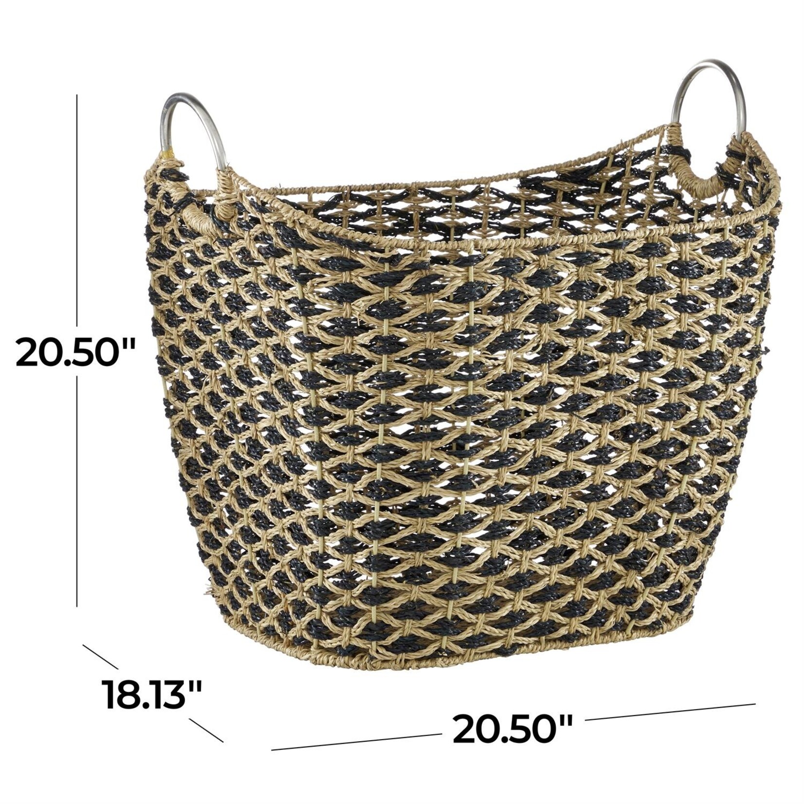 Deco Marche Brown Seagrass Handmade Storage Basket with Metal Handles, 21" x 18" x 21"