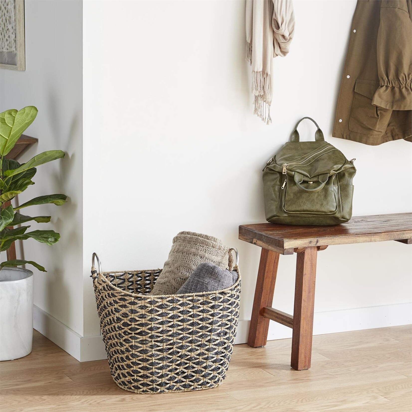 Deco Marche Brown Seagrass Handmade Storage Basket with Metal Handles, 21" x 18" x 21"