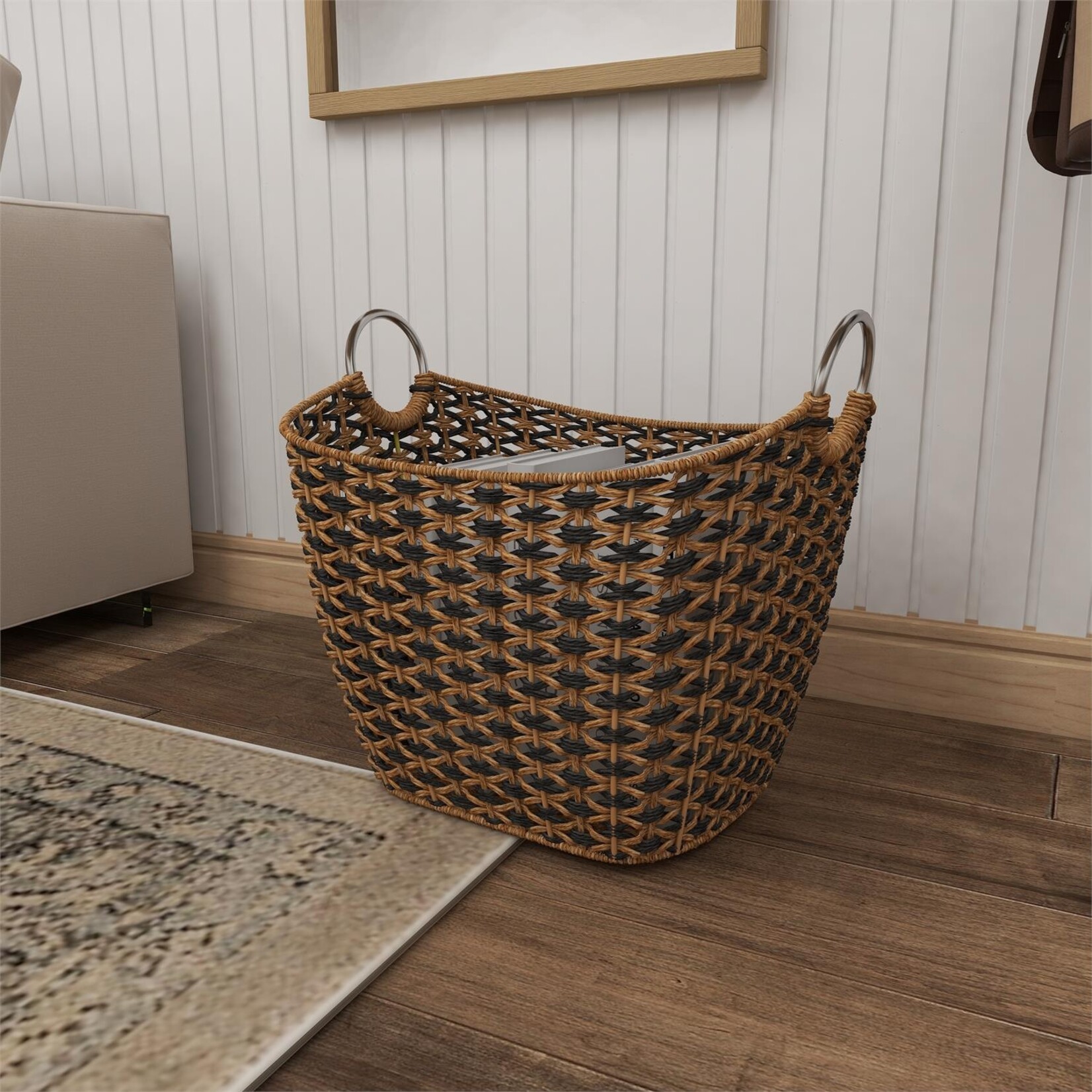 Deco Marche Brown Seagrass Handmade Storage Basket with Metal Handles, 21" x 18" x 21"