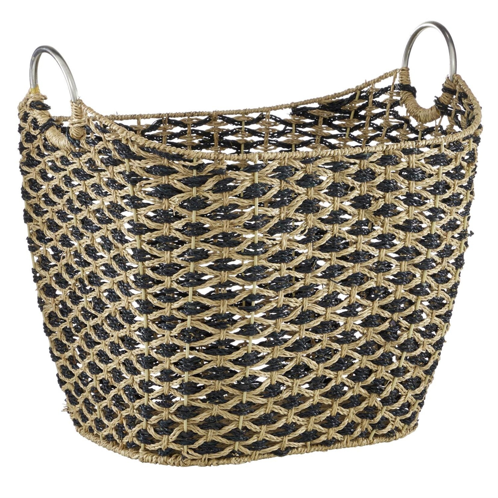 Deco Marche Brown Seagrass Handmade Storage Basket with Metal Handles, 21" x 18" x 21"