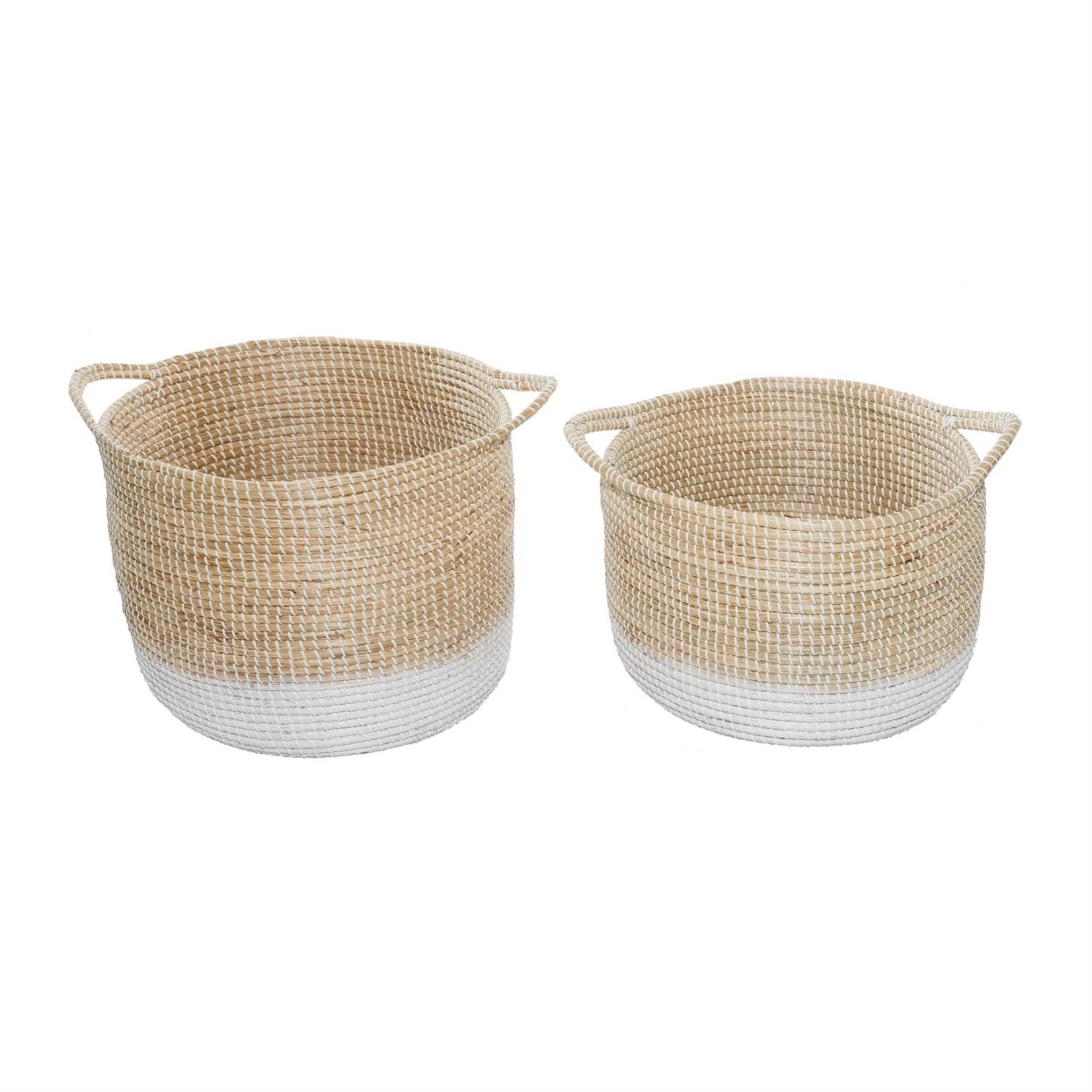 Deco Marche White Seagrass Handmade Two Toned Storage Basket with Handles, Set of 2 18", 20"W 9