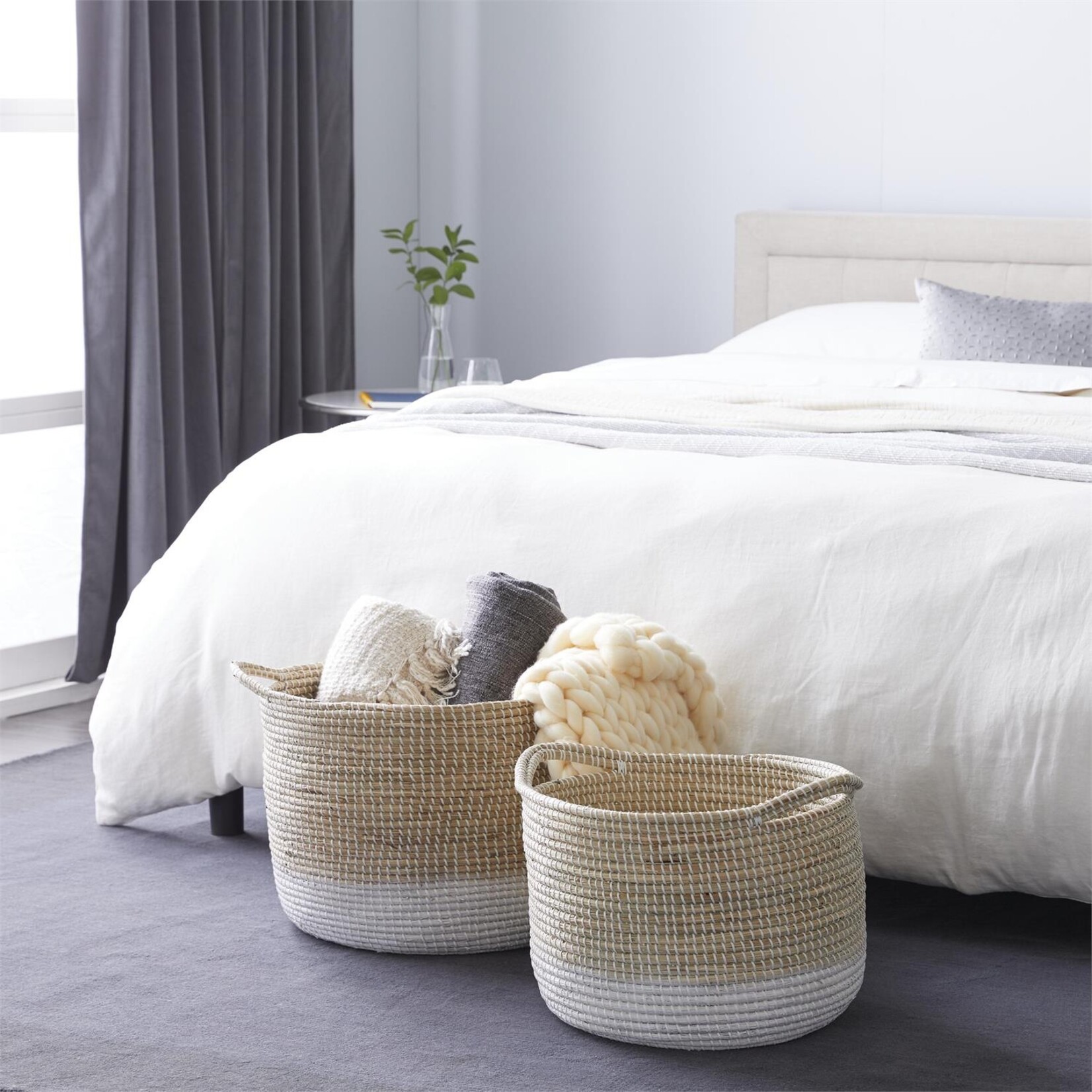 Deco Marche White Seagrass Handmade Two Toned Storage Basket with Handles, Set of 2 18", 20"W 9