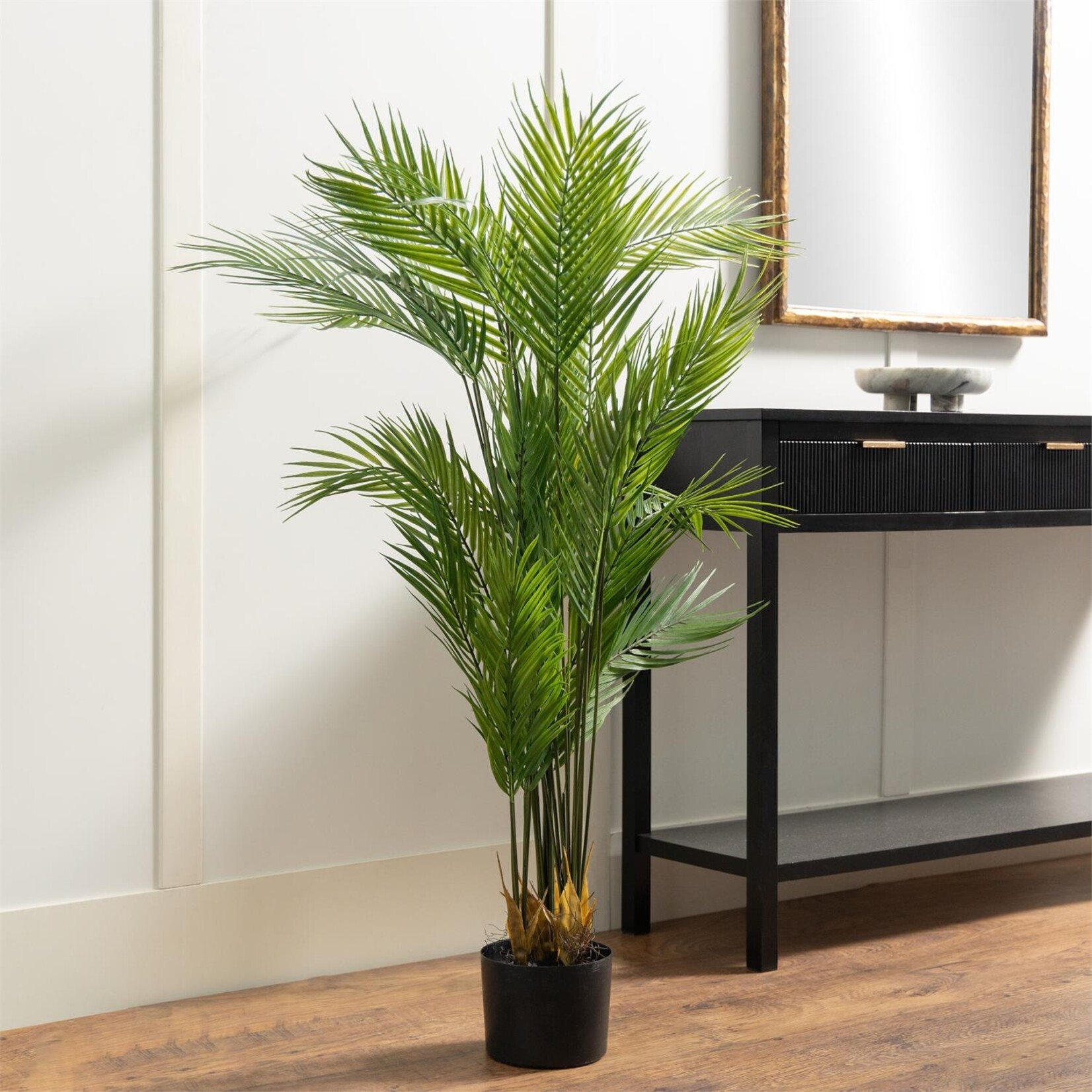 Deco Marche Green Faux Foliage Kwai Palm Indoor Outdoor Artificial Plant with Black Round Pot, 30" x 32" x 46"
