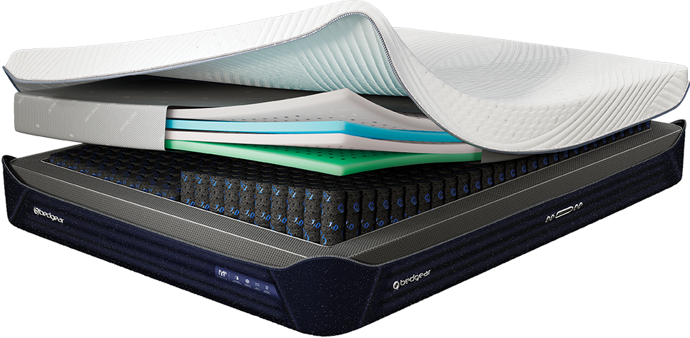 Cutaway of the M5 mattress showing its cover, comfort layer, suspension units, and chassis