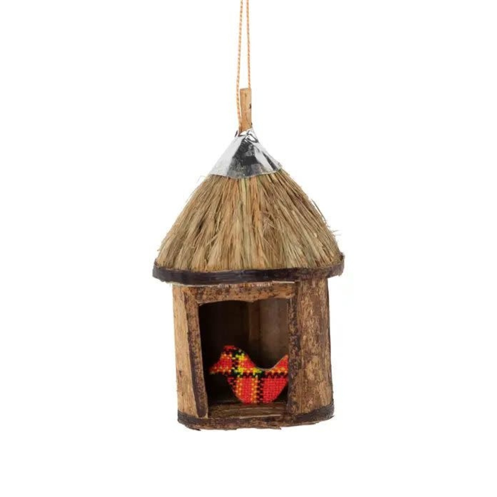 Kenya Ornament Winter Home W/Bird M/3 B-Fiber 4H Brn/Red