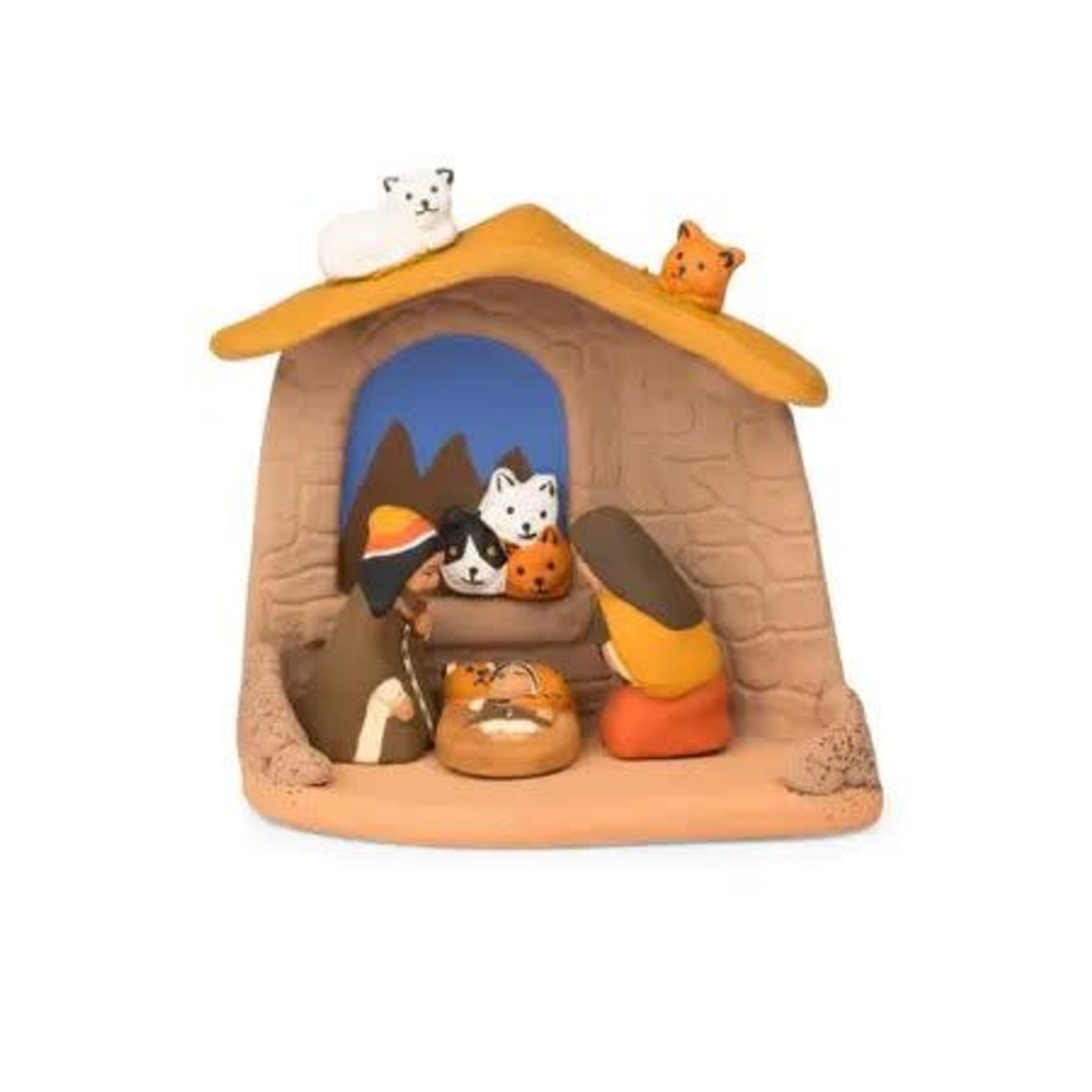 Peru Nativity W/Cats Cer 3.5H Brn/Multi