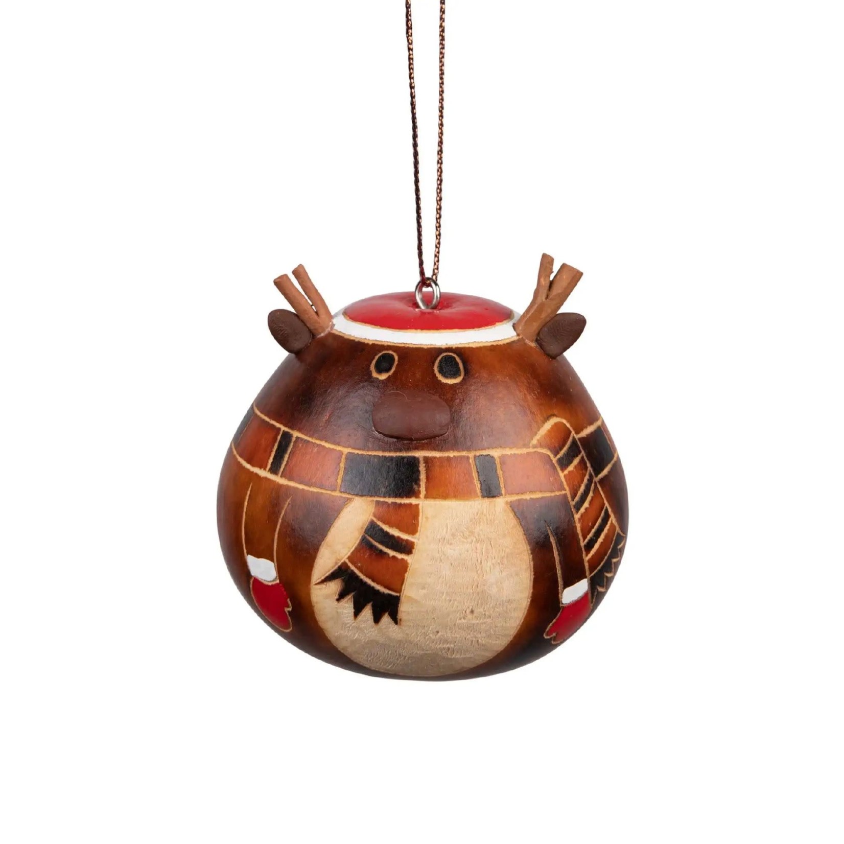 Peru Ornament Deer W/Hat/Mittens Etched Gourd