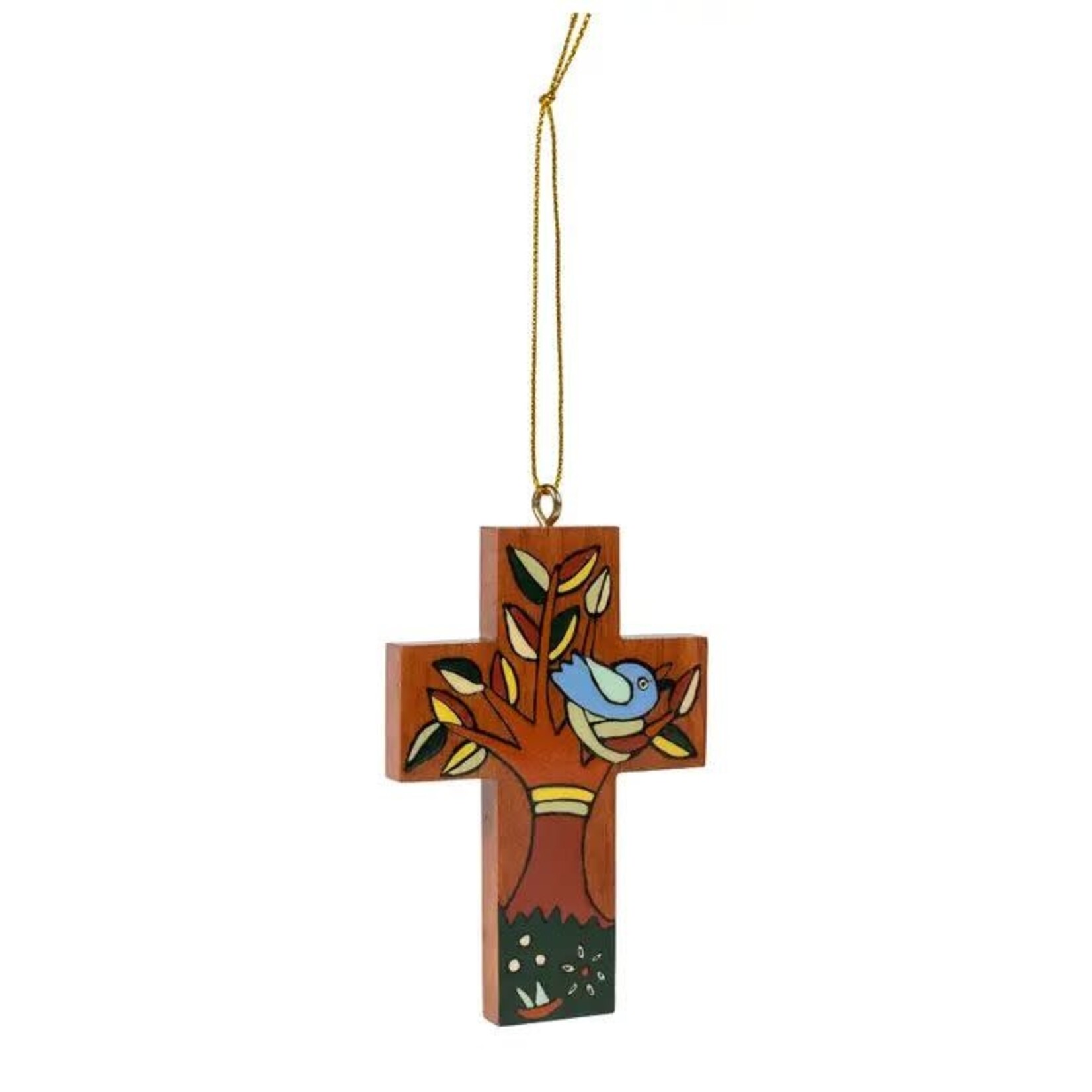 El Salvador Ornament Cross W/Bluebird M/3 Wood 3.25H