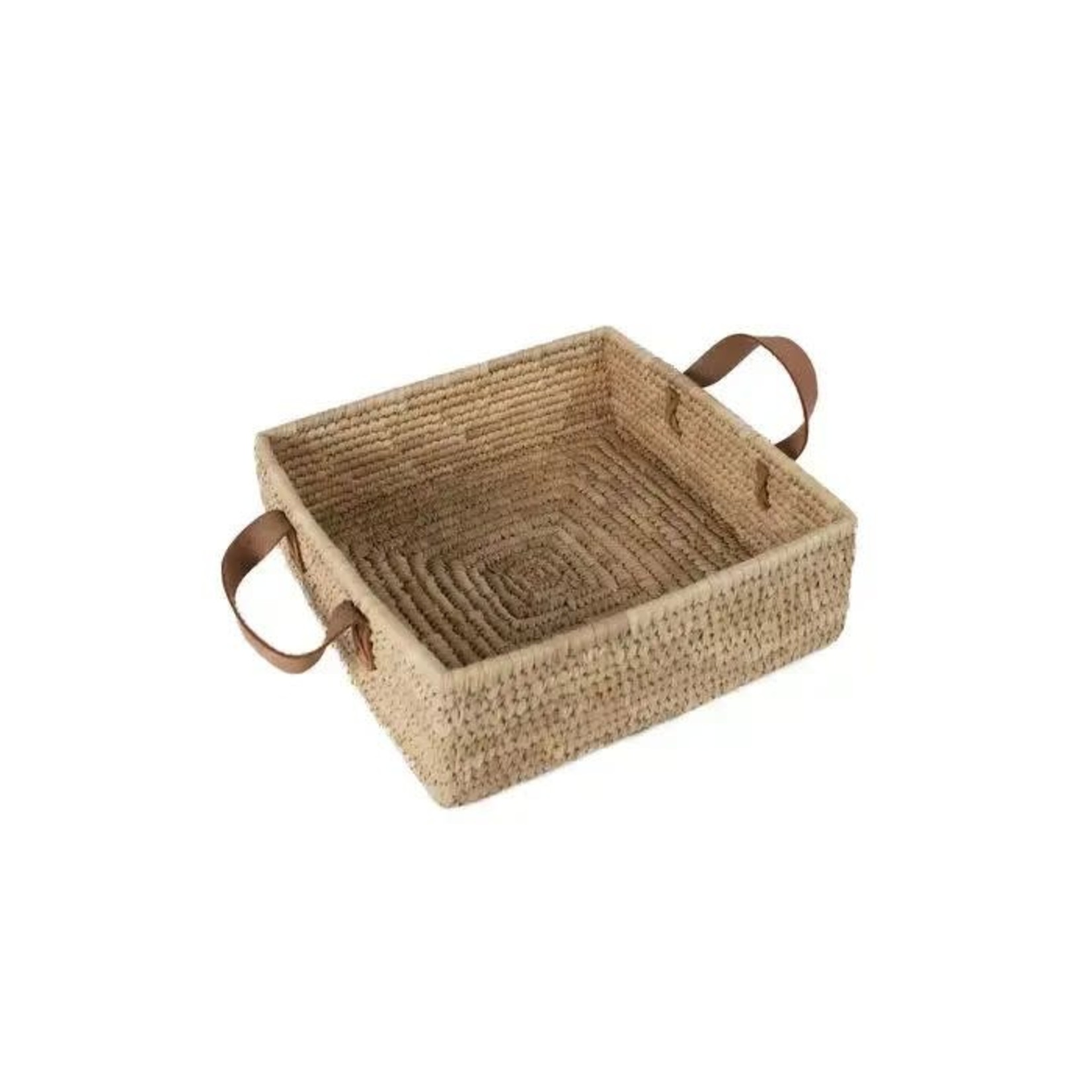 Bangladesh Basket W/Handles P-Leaf/Lthr 11X11X4H Na