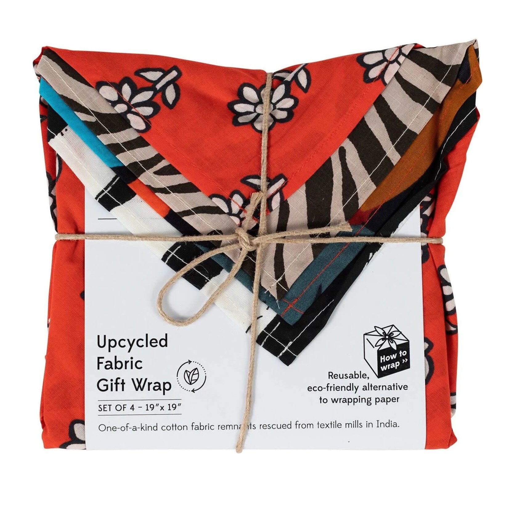 India Gift Wrap S/4 Upcycled Cotton 19Sq Asst