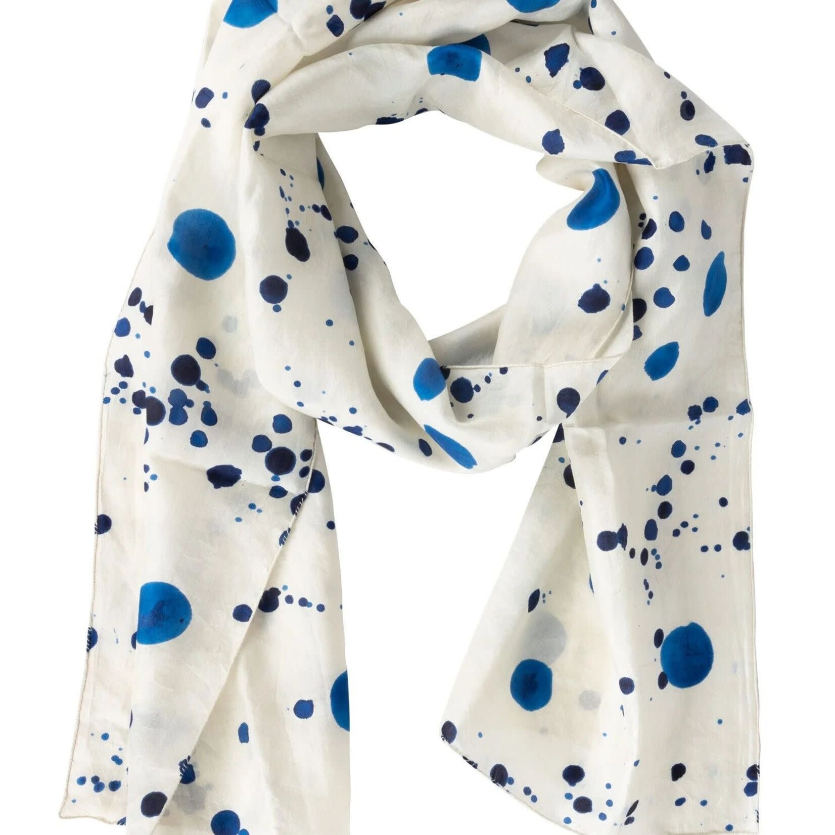 India Scarf Ink Splatters Silk 70X13 White/Blu