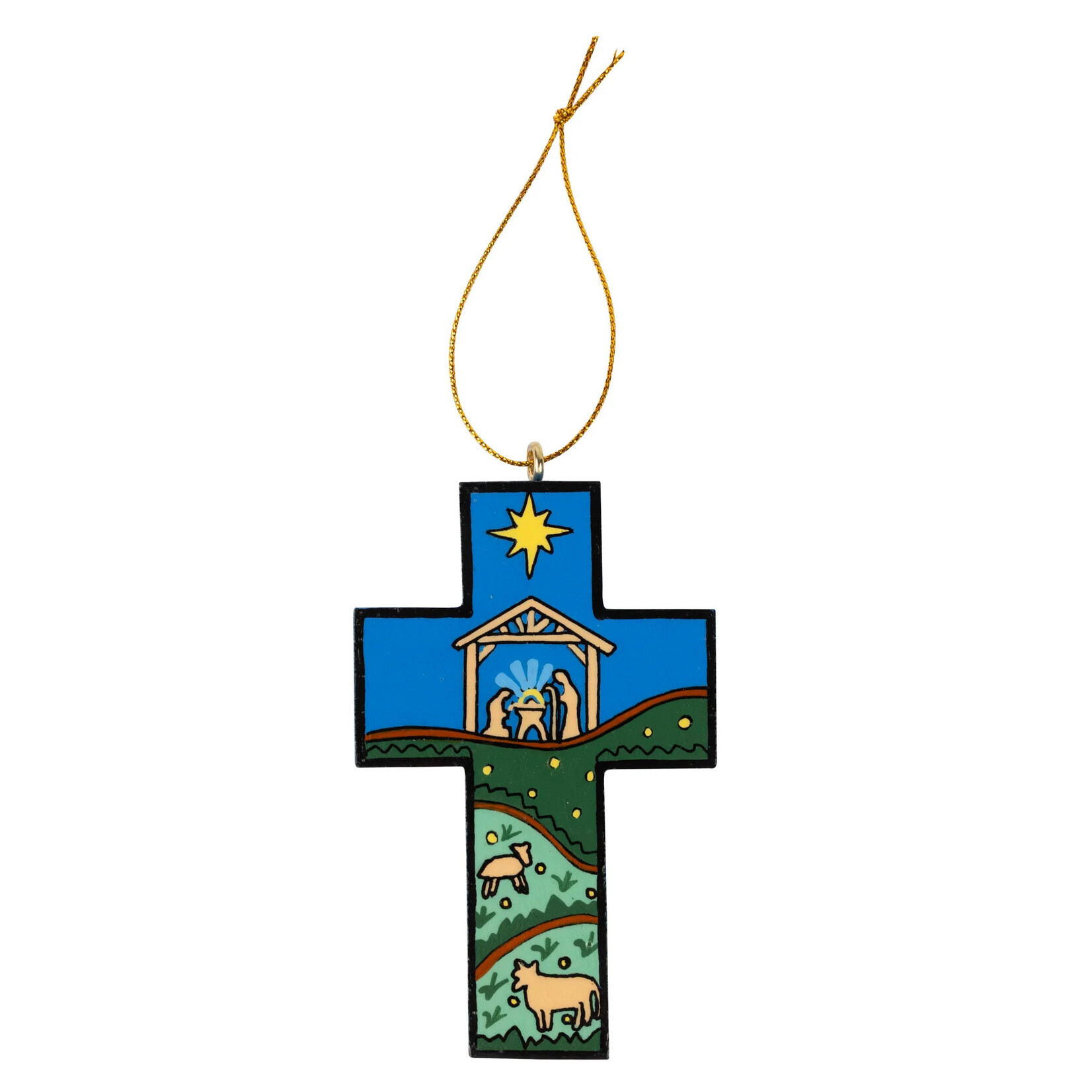 El Salvador Ornament cross nativity wood 3.5H blu/grn/yel