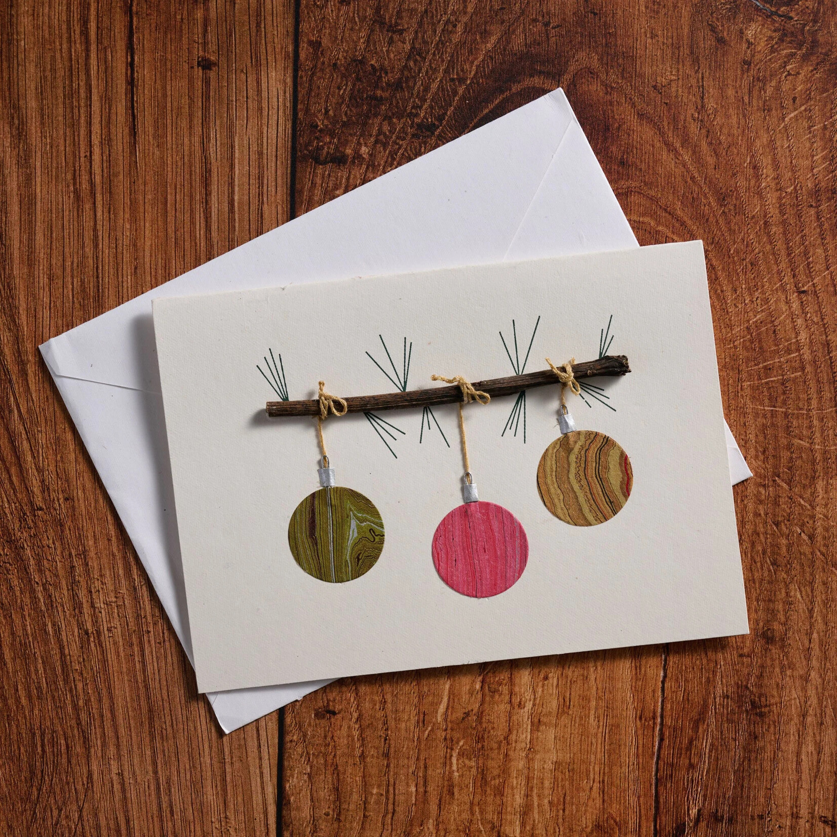 Bangladesh Card 3 Ornaments On Branch M/3 Ppr/Wd 5X7 Grn/Rd