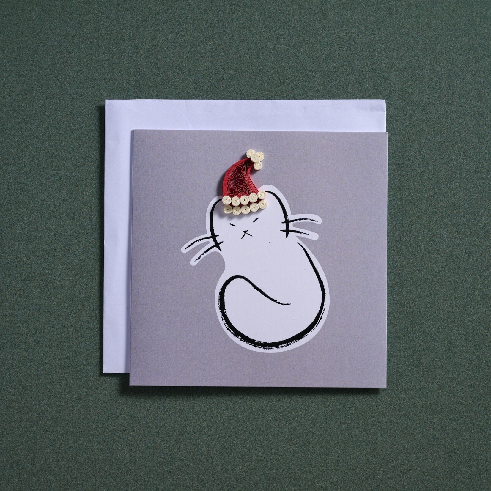 Vietnam Card Cat w/Quilled Hat M/3 ppr 5.5sq gray/red/ wht Santa Cat Paws Quilled Card