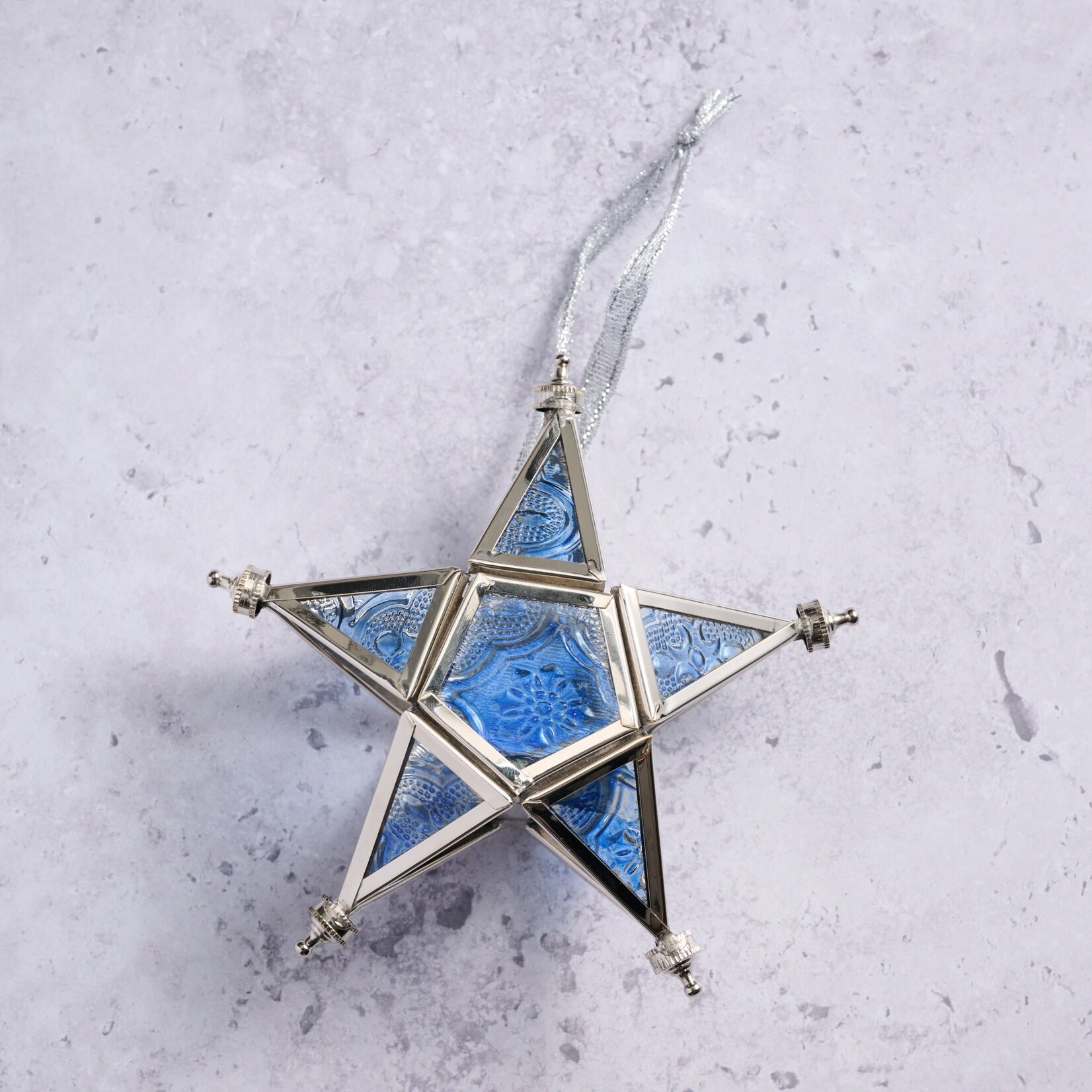 India Ornament Star Candleholder Br/Glss 5L Blu/Silv
