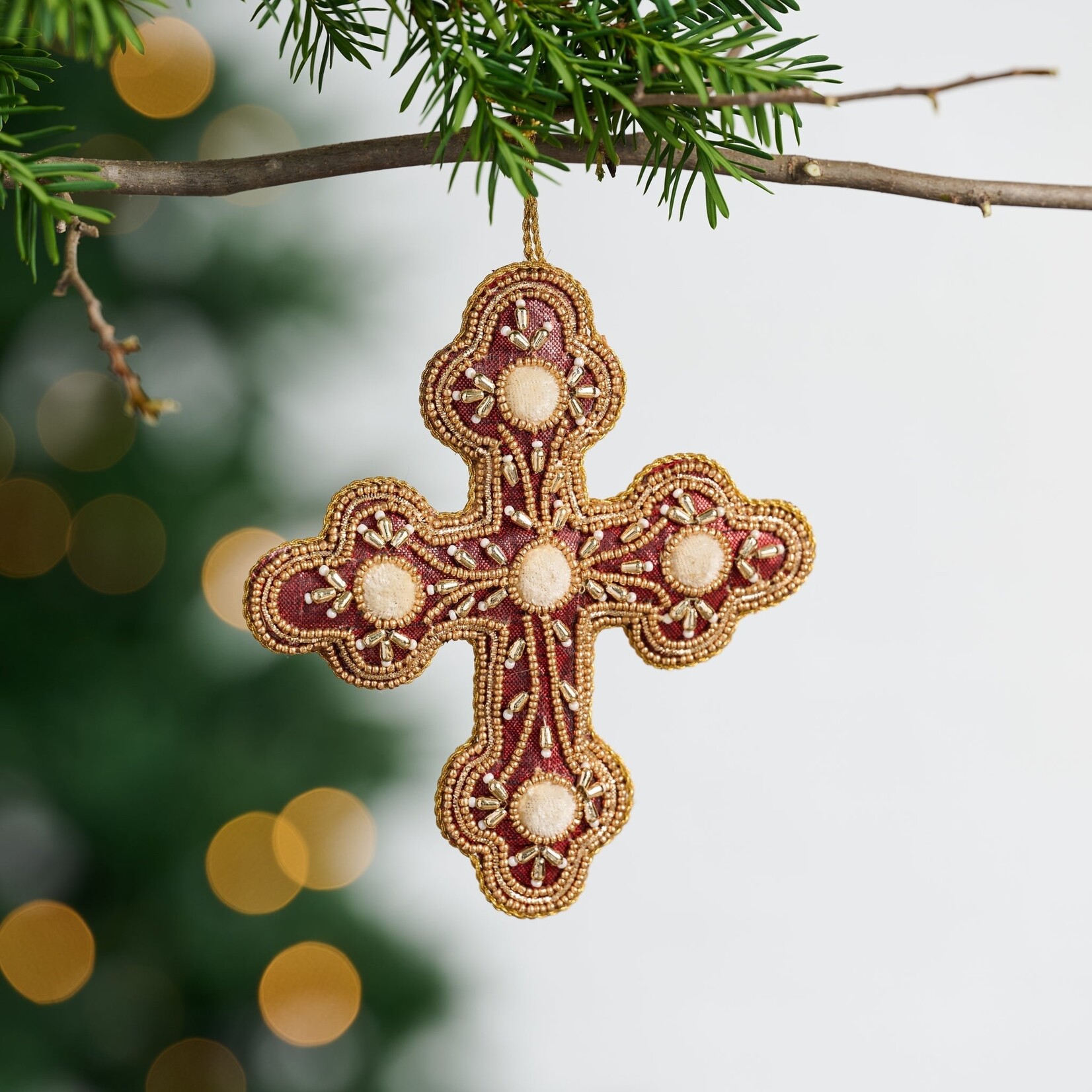 India Ornament Cross M/2 Stuffed Satin/Poly 5.5H Red/Gld