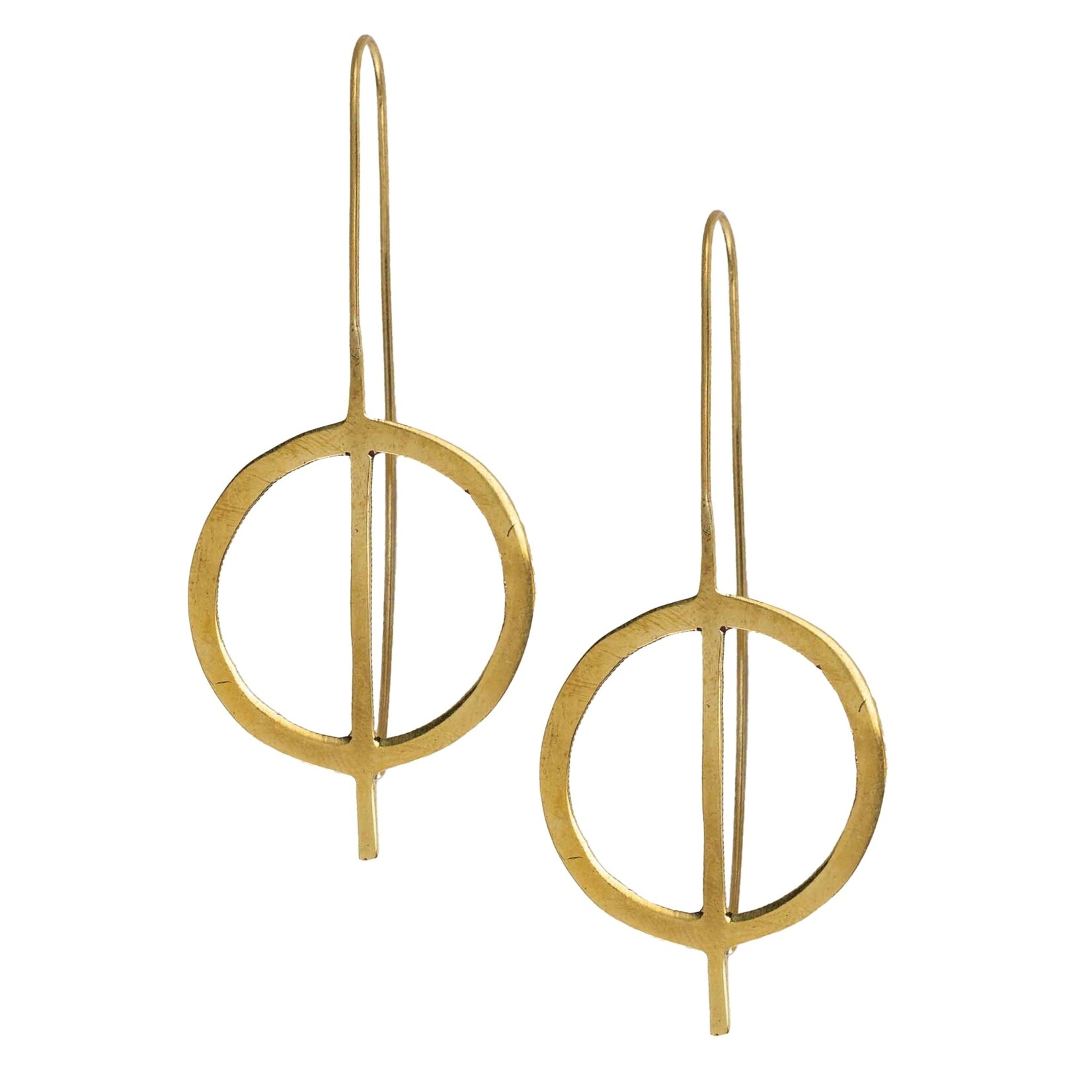 Nepal Earrings Circle W/Line Pull Thru Brass 2.75L Brass