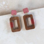 India Earrings Dangle Rect Wood/Clay/Silk 1.75L Brn/Orng