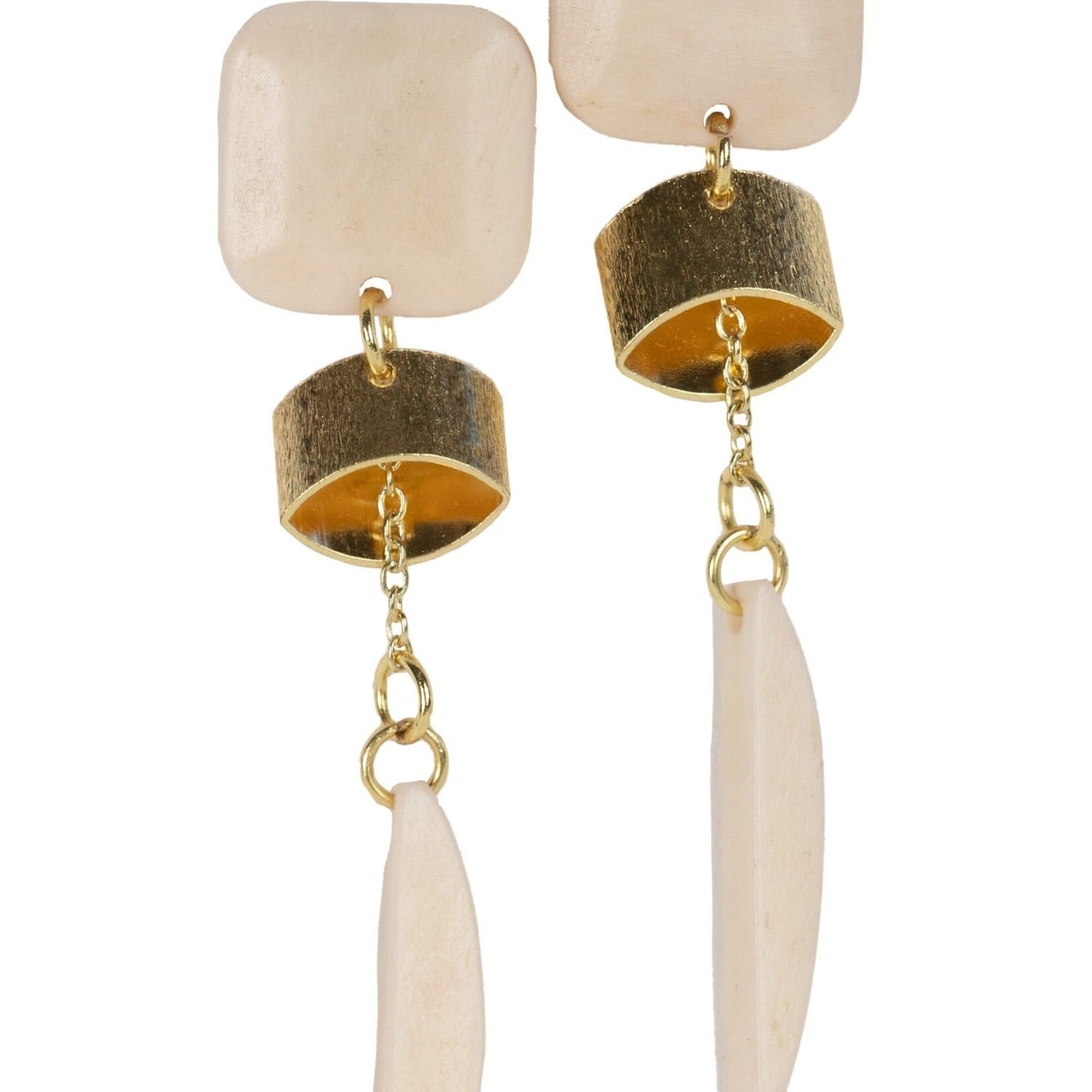India Earrings Post Sq/Dangle Bone/Brass 3L Cream/Gold