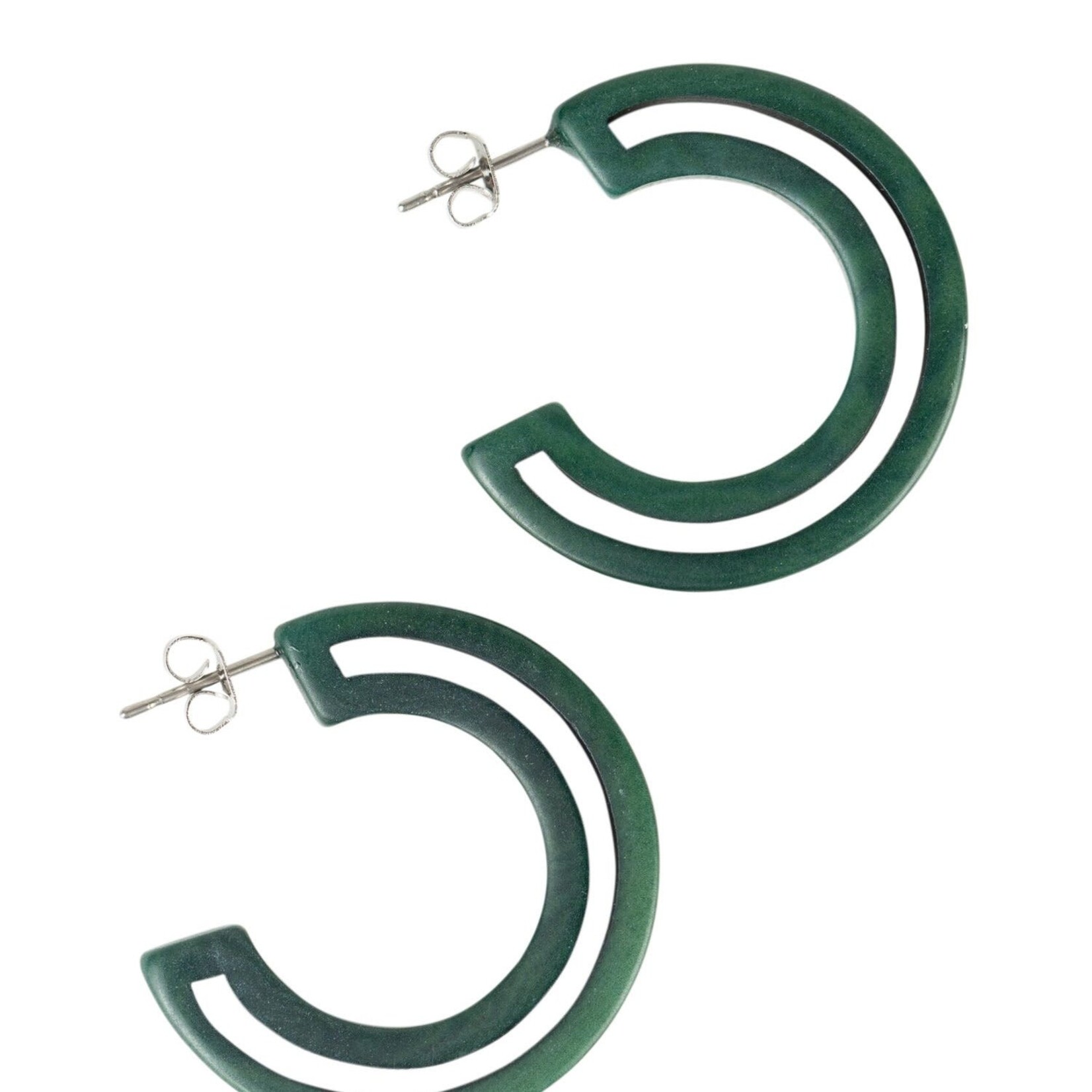 Ecuador Earrings post hollow hoop tagua 1.2D jasper green
