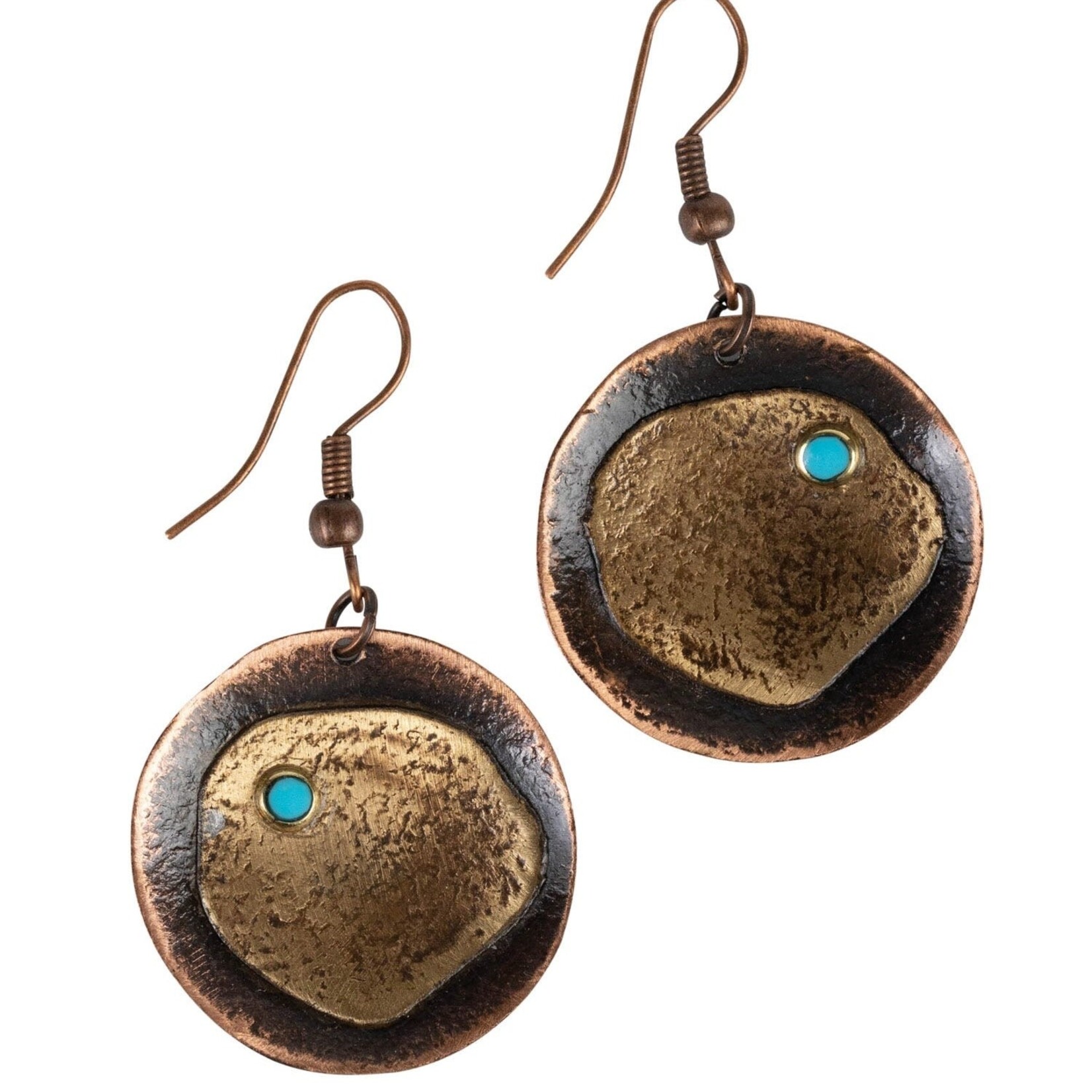 Chile Earrings disc/dot hammered cppr 1Dx1.75L cppr/blu Adrift - Hammered Copper Earrings