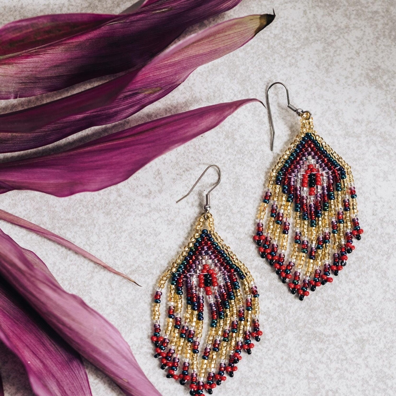 Guatemala Earrings Diamond Fringes Beads 3.25L Red