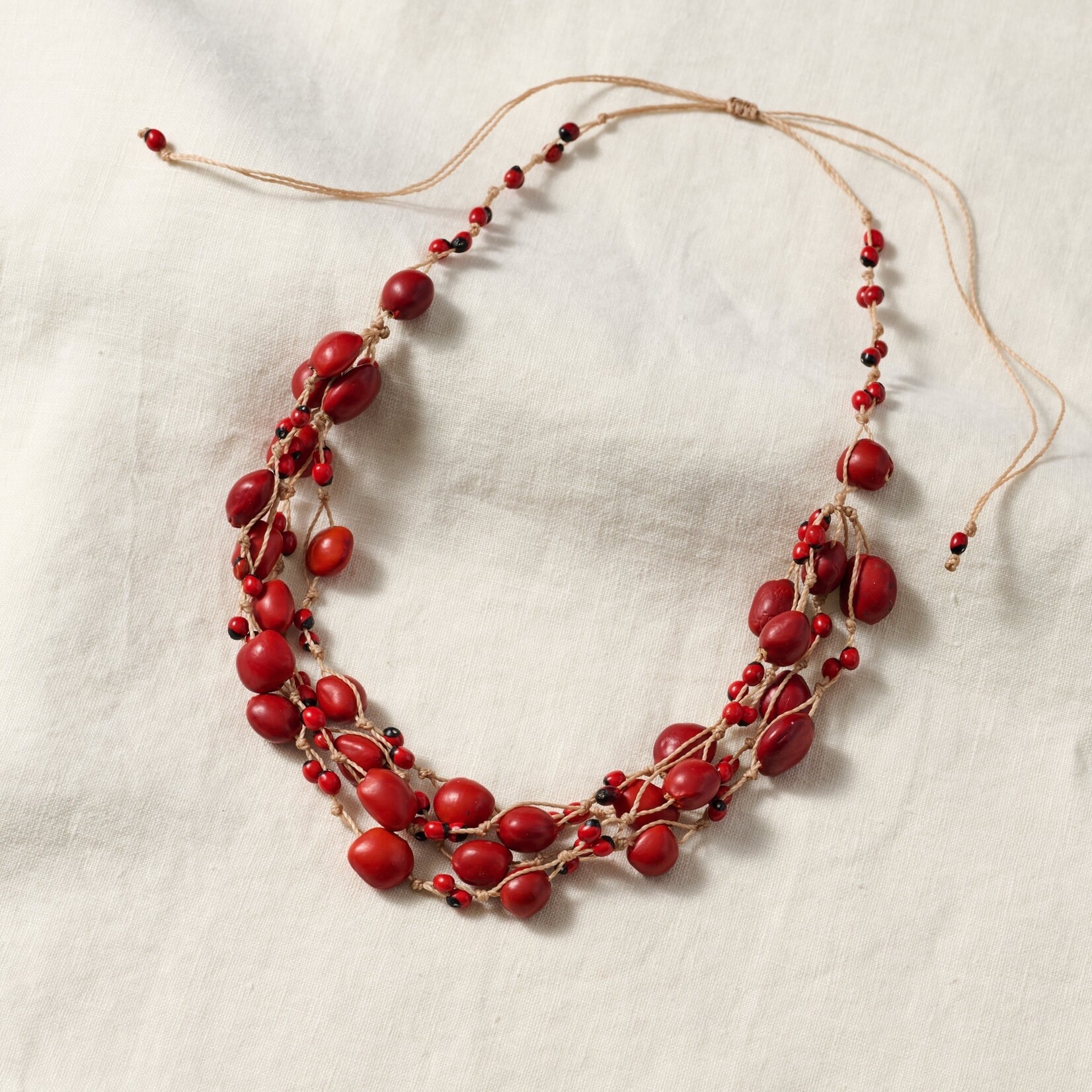 Ecuador Necklace Multistrand Seeds/Cord Adj Red/Brown