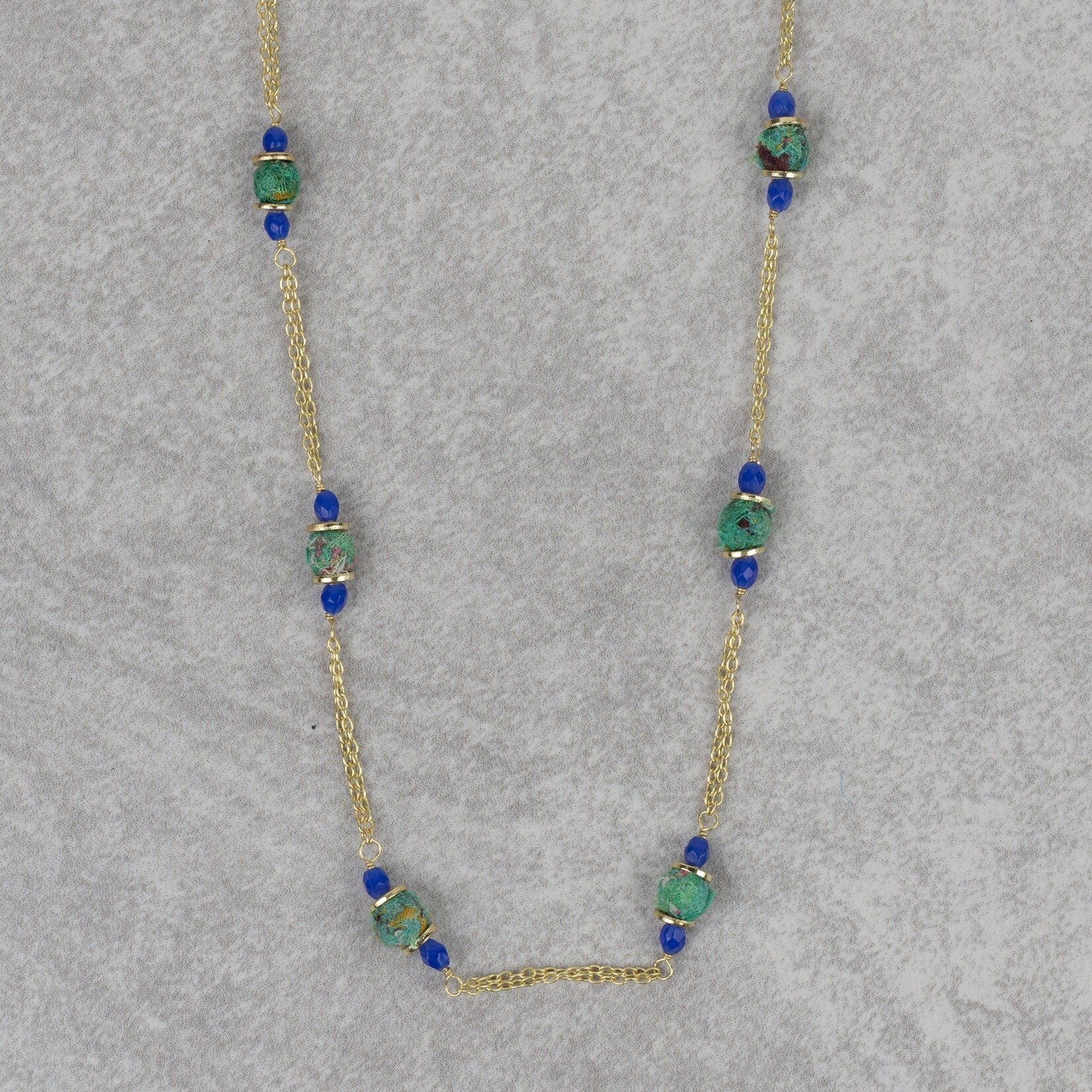 India Necklace Long Bead Br/Sari/Glss 43L Br/Grn/Blu