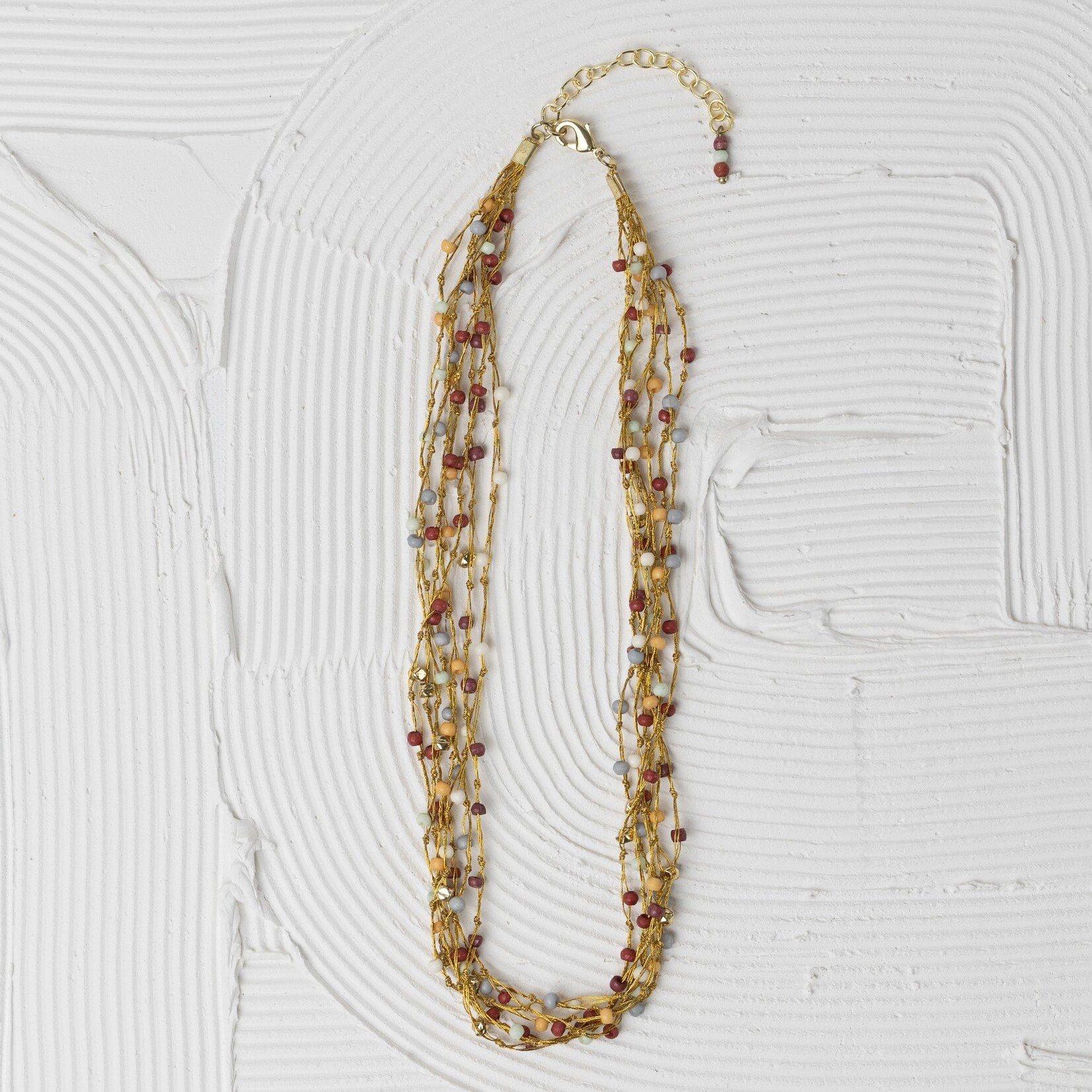 India Necklace Multistrnd Bd Bone/Zari 17L Br/Wht/Orng