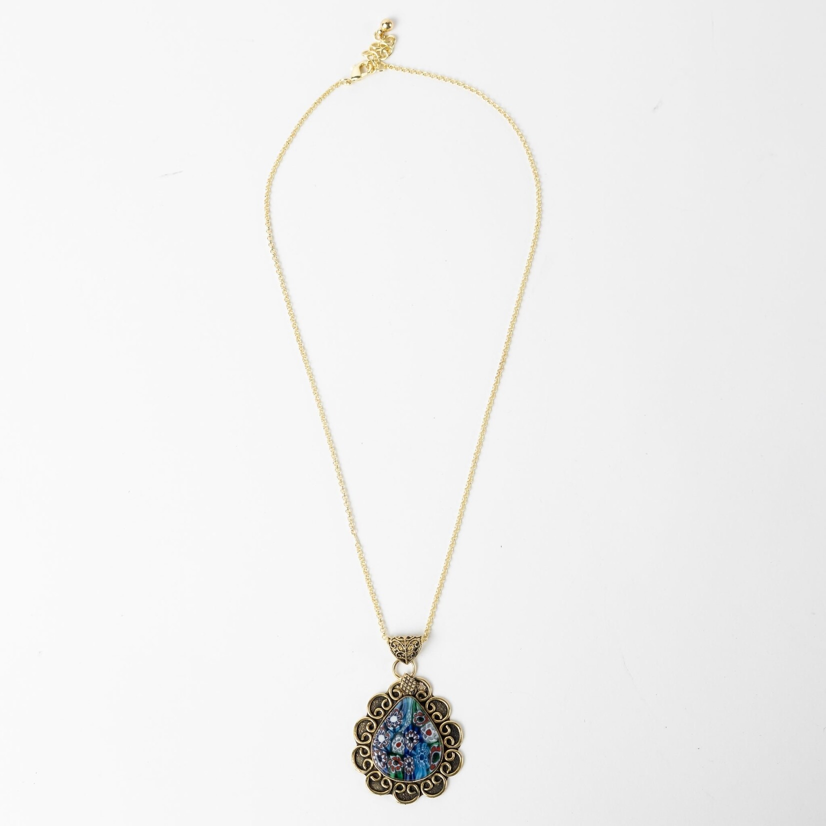 India Necklace Flrl Pend Pear Brss/Glss 20L Br/Blu/Grn