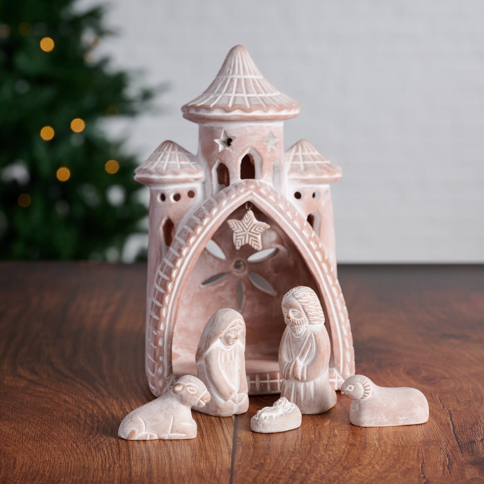 Bangladesh Nativity Mahal S/6 Terracotta 5X3X8.5H Whitewash