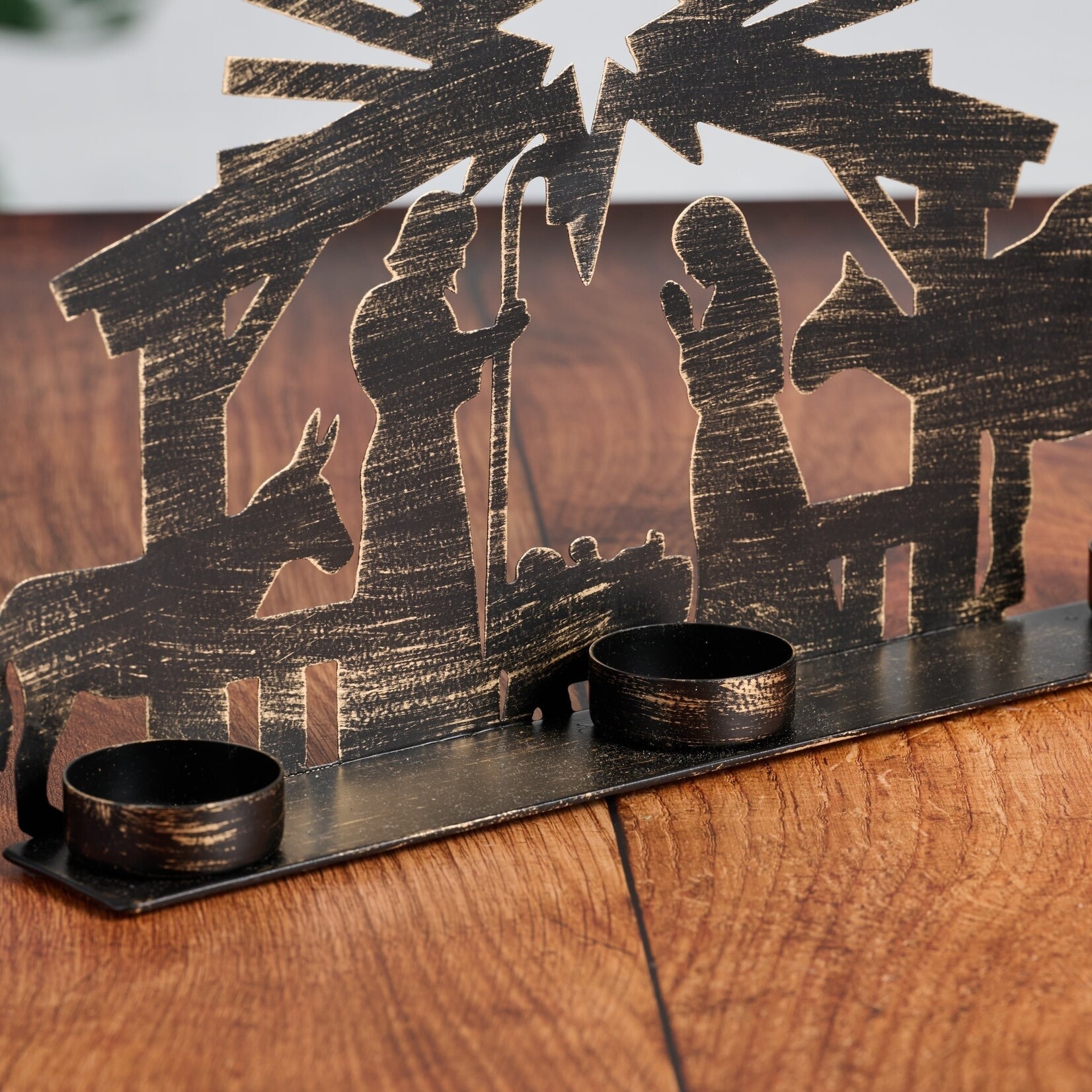 India Nativity Candleholder Cutout Iron 12Wx9H Blk/Gold