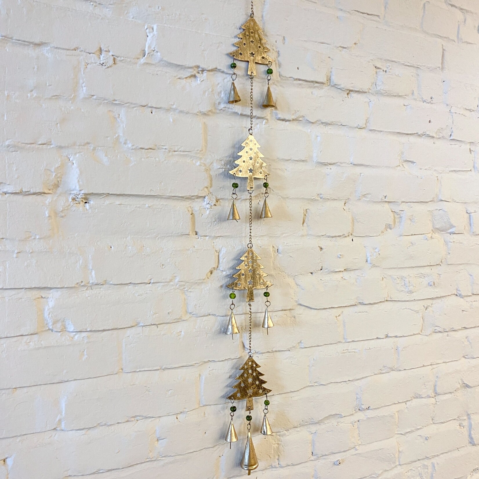India Chime Four Trees Recycled Iron/Glss 35L Brss/Grn
