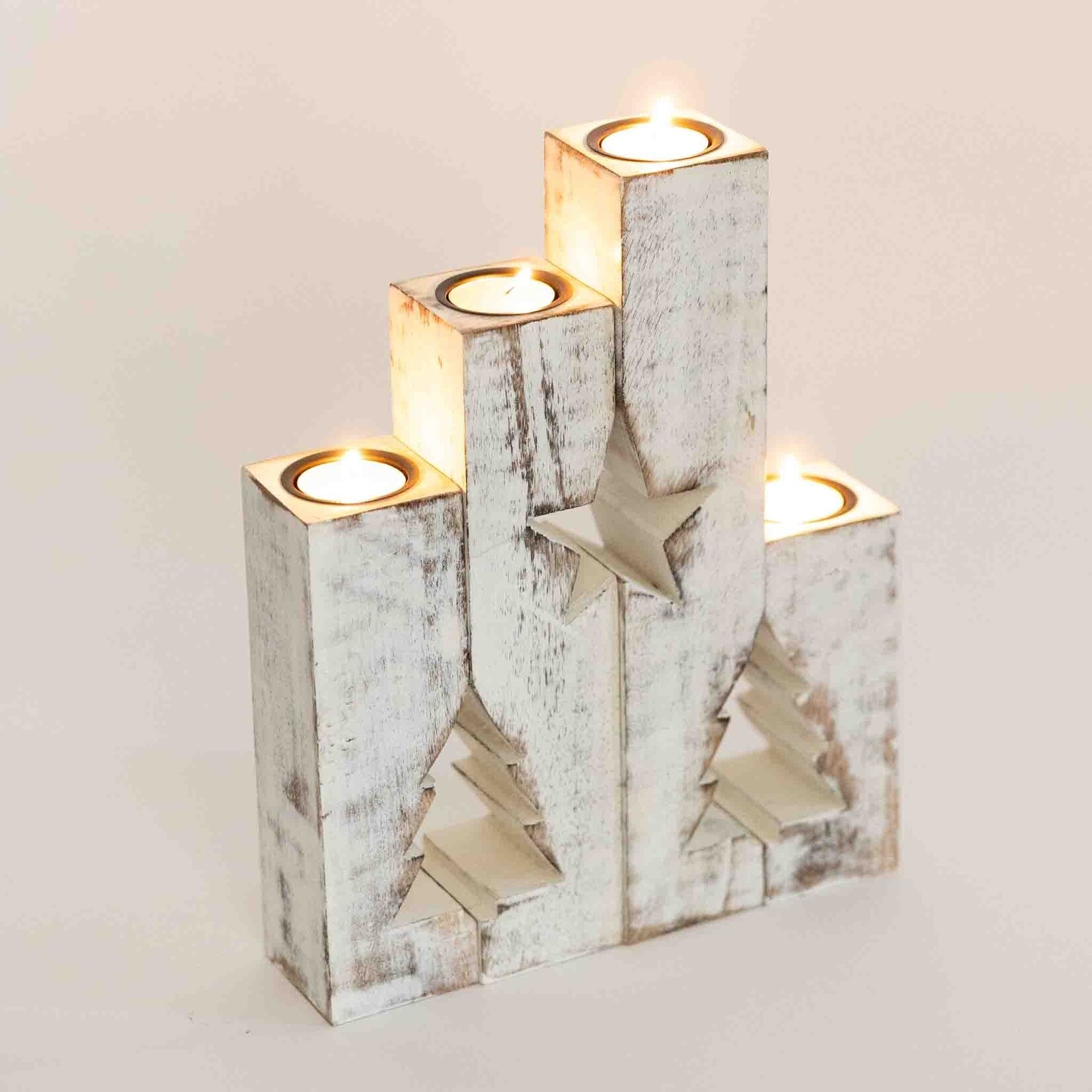 India Candle holders s/4 star/tree mango wd 6-12H whtwsh