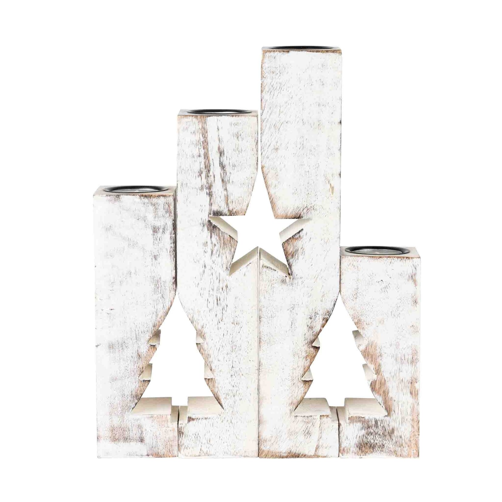 India Candle holders s/4 star/tree mango wd 6-12H whtwsh