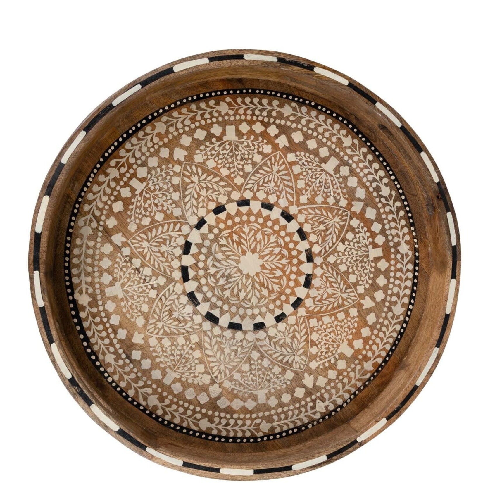 India Tray hand painted mandala mango 15Dx2H brn/wht/blk Mango Mandala Serving Tray