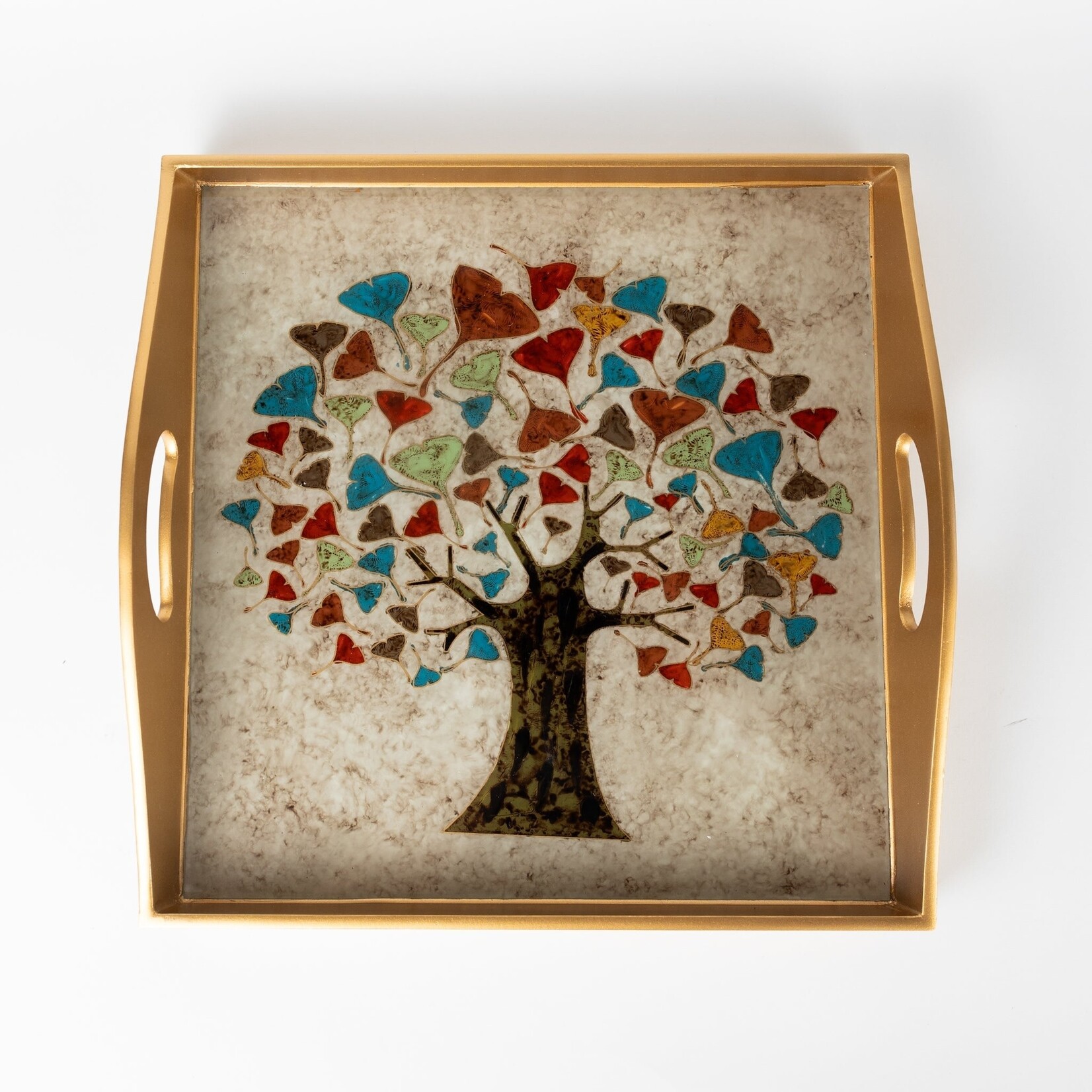 Peru Tray Tree Reverse Painted Glass 12.5Sq Gld/Multi
