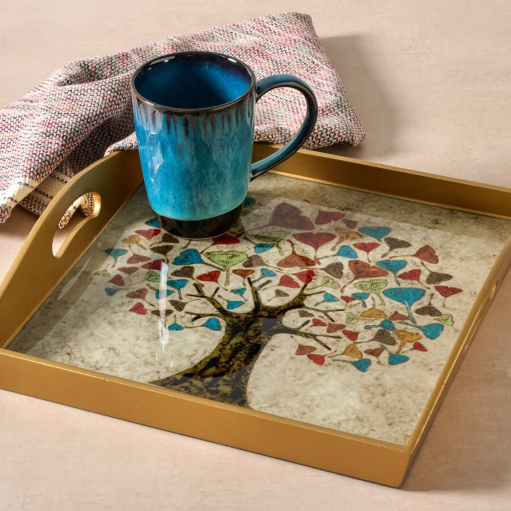 Peru Tray Tree Reverse Painted Glass 12.5Sq Gld/Multi