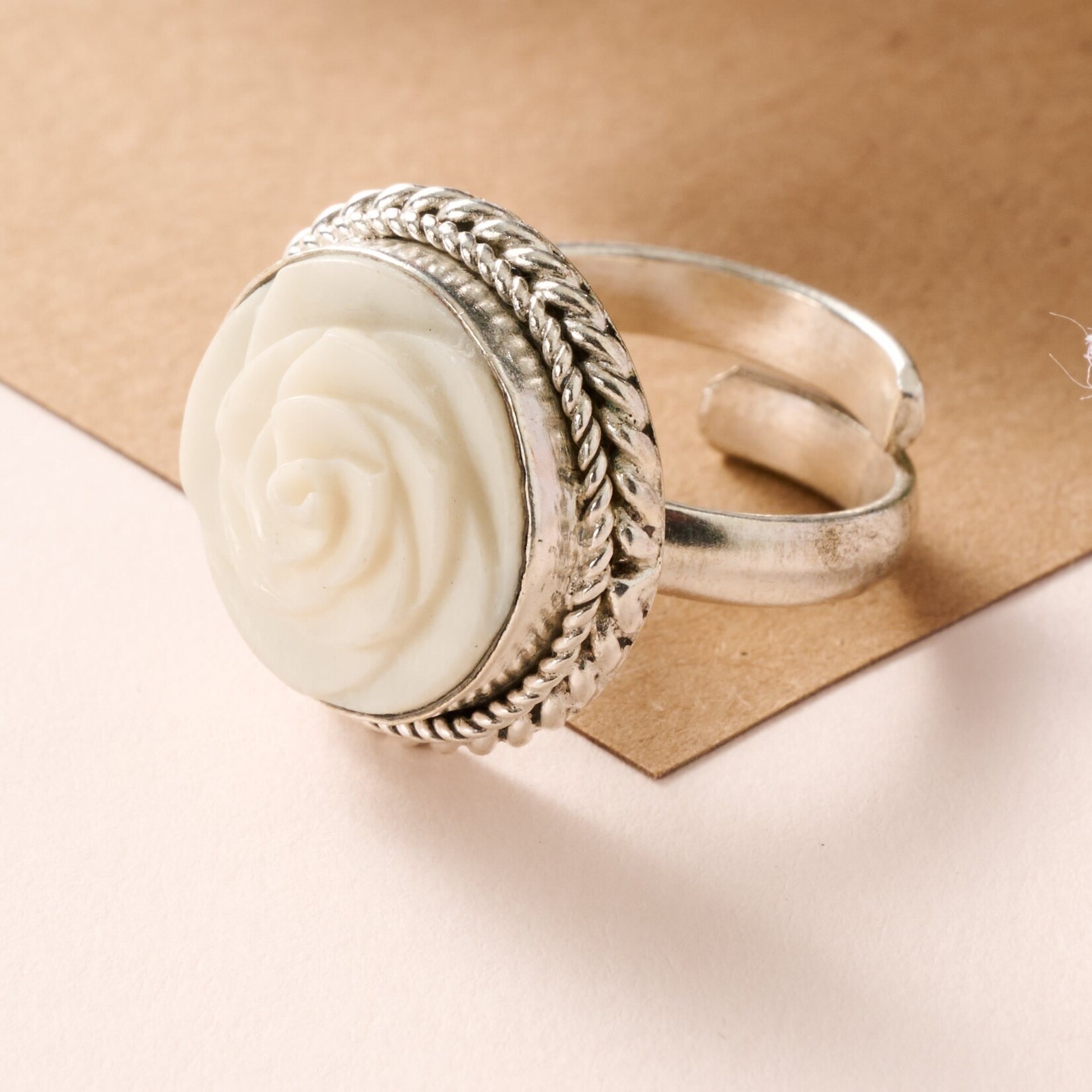 Nepal Ring Bagaica Rose Carved Bone