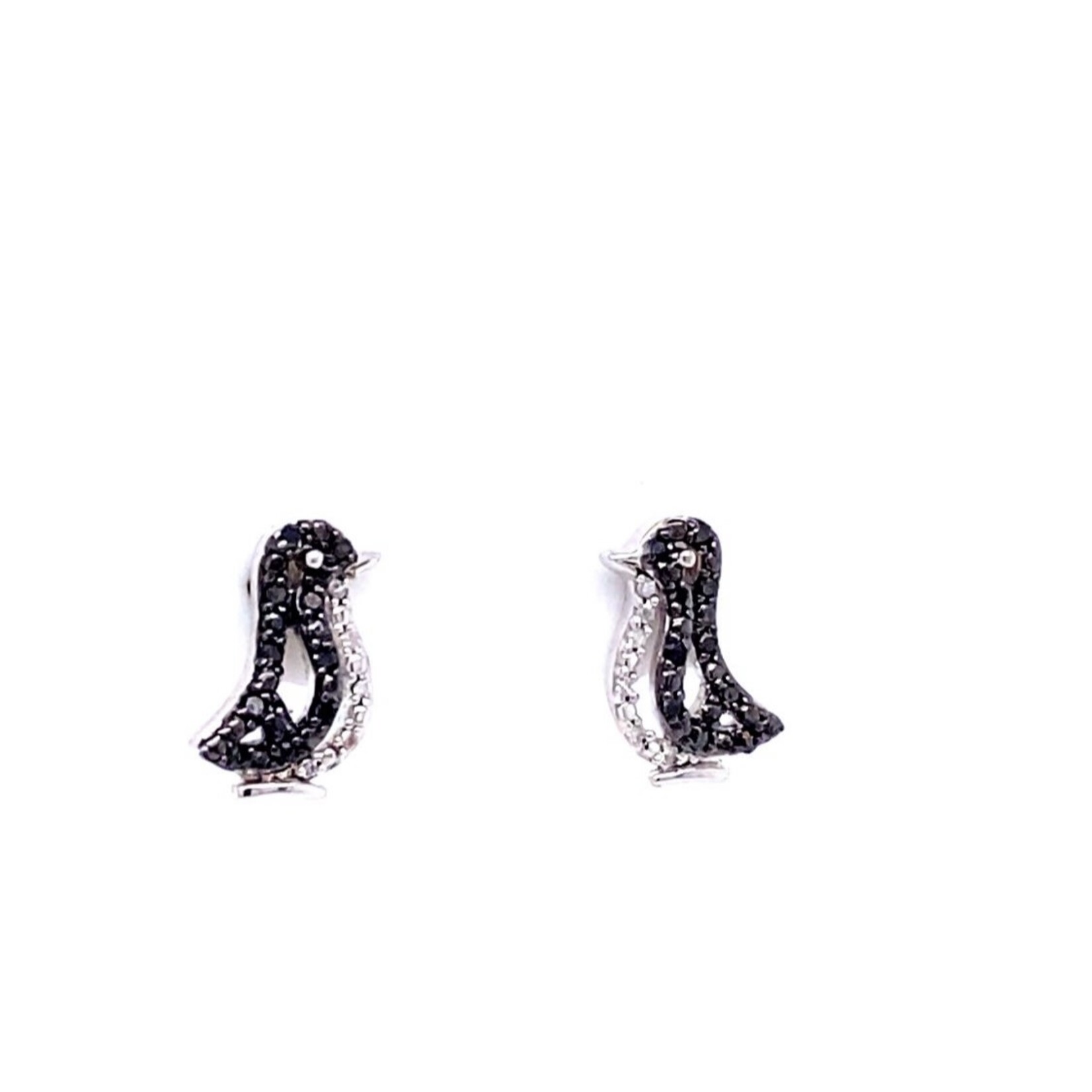 Sterling Silver 1/8 ctw Black and White Diamond Penguin Earrings