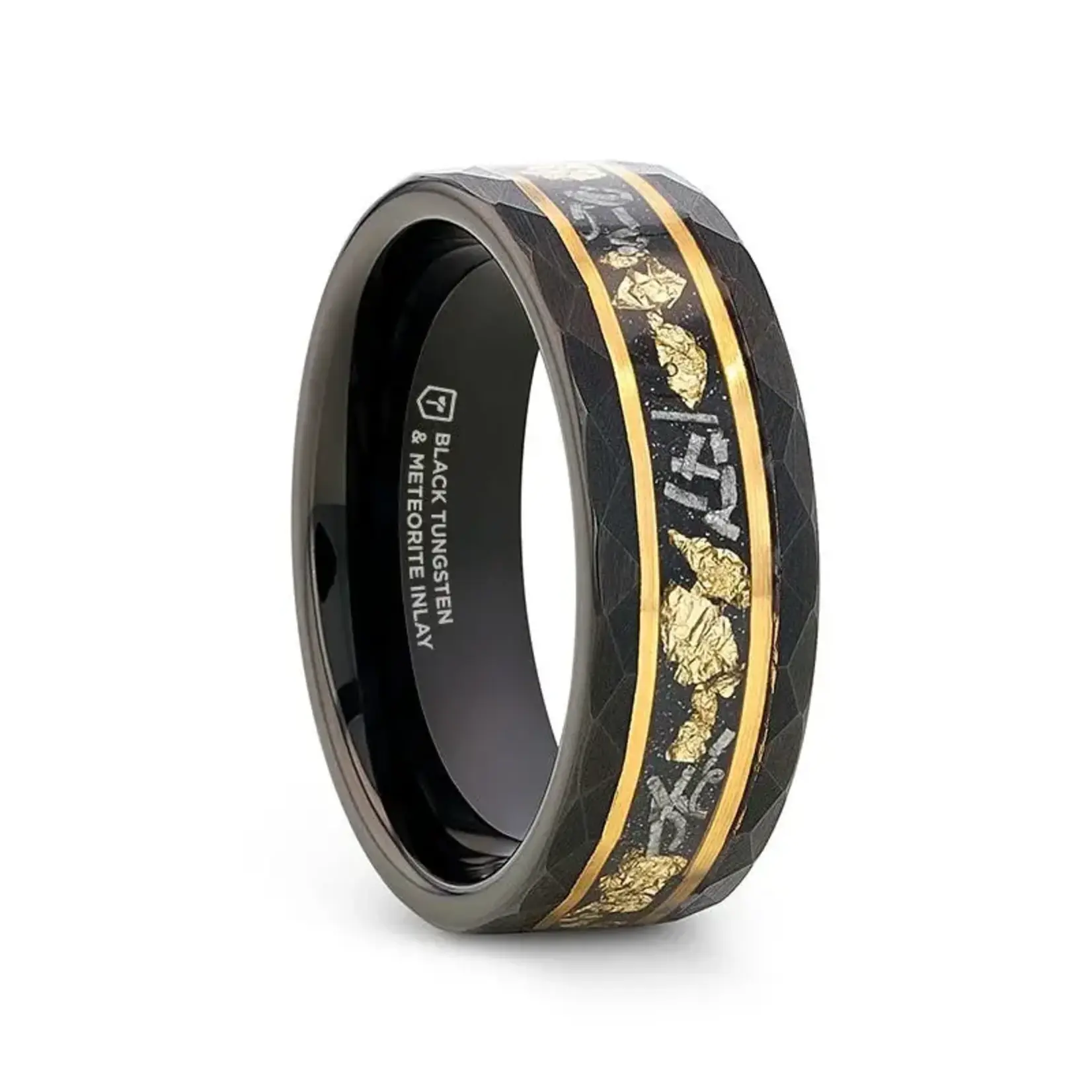 Thorsten Infinia 8mm Black Tungsten Meteorite and Gold flakes Inlay Ring