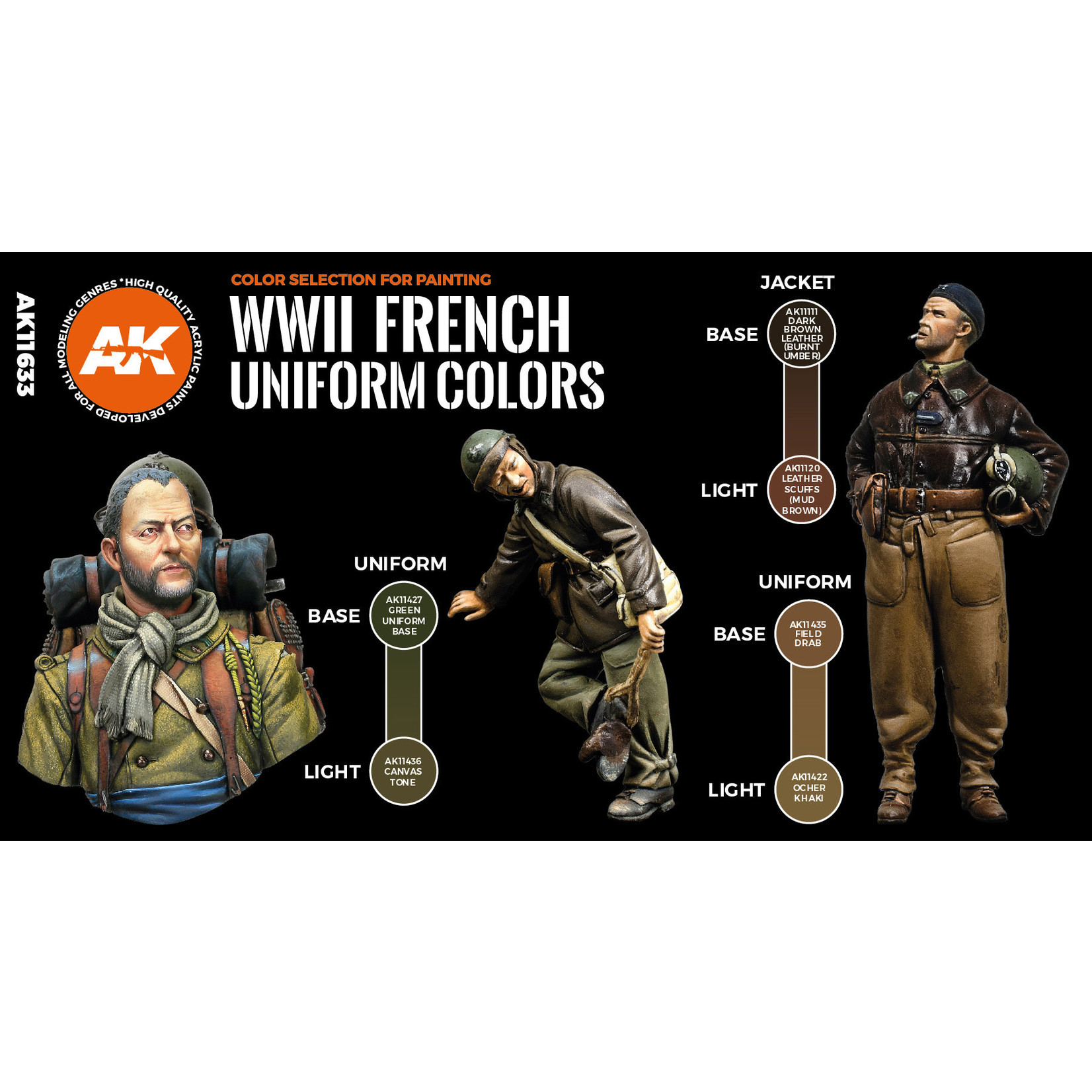 AK Interactive AK11633 3G Figure WWII French Uniform Colors (6) Set