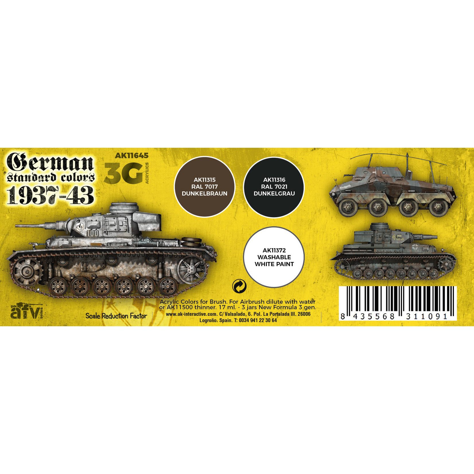 AK Interactive AK11645 3G AFV German Standard Colors 1937-43 (3) Set