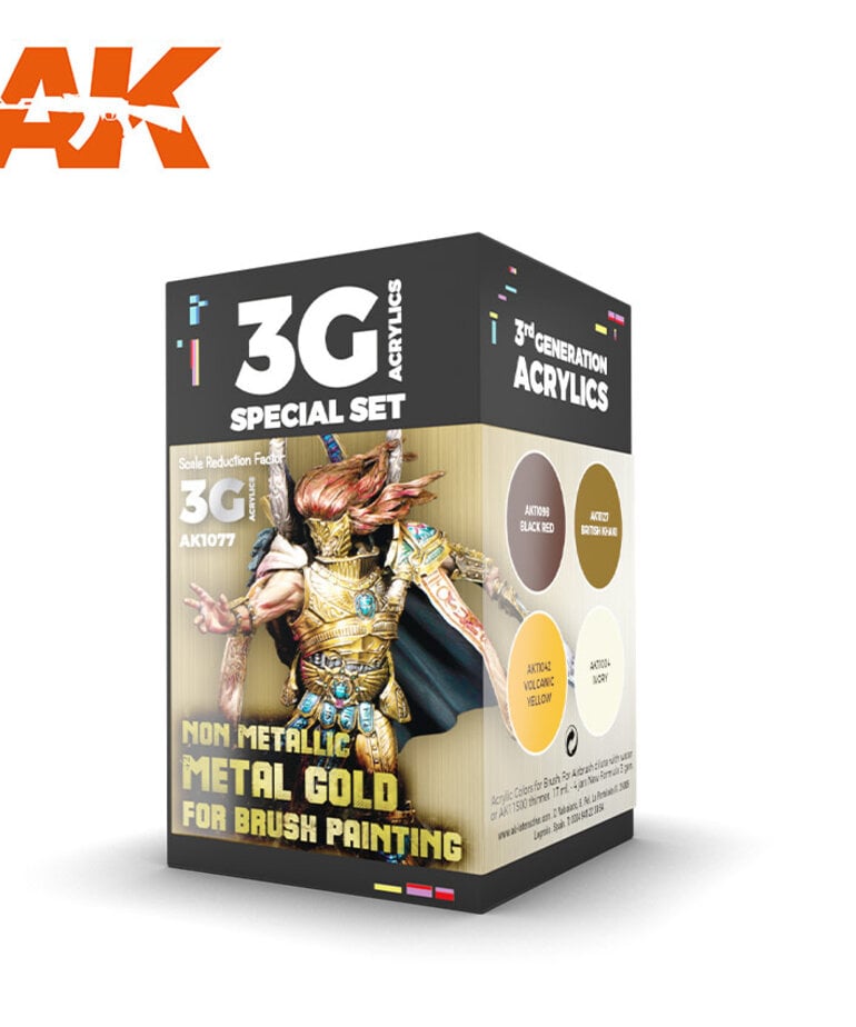 AK Interactive AK1077 3G Wargame Non Metallic Metal Gold for Brush Painting (4) Set