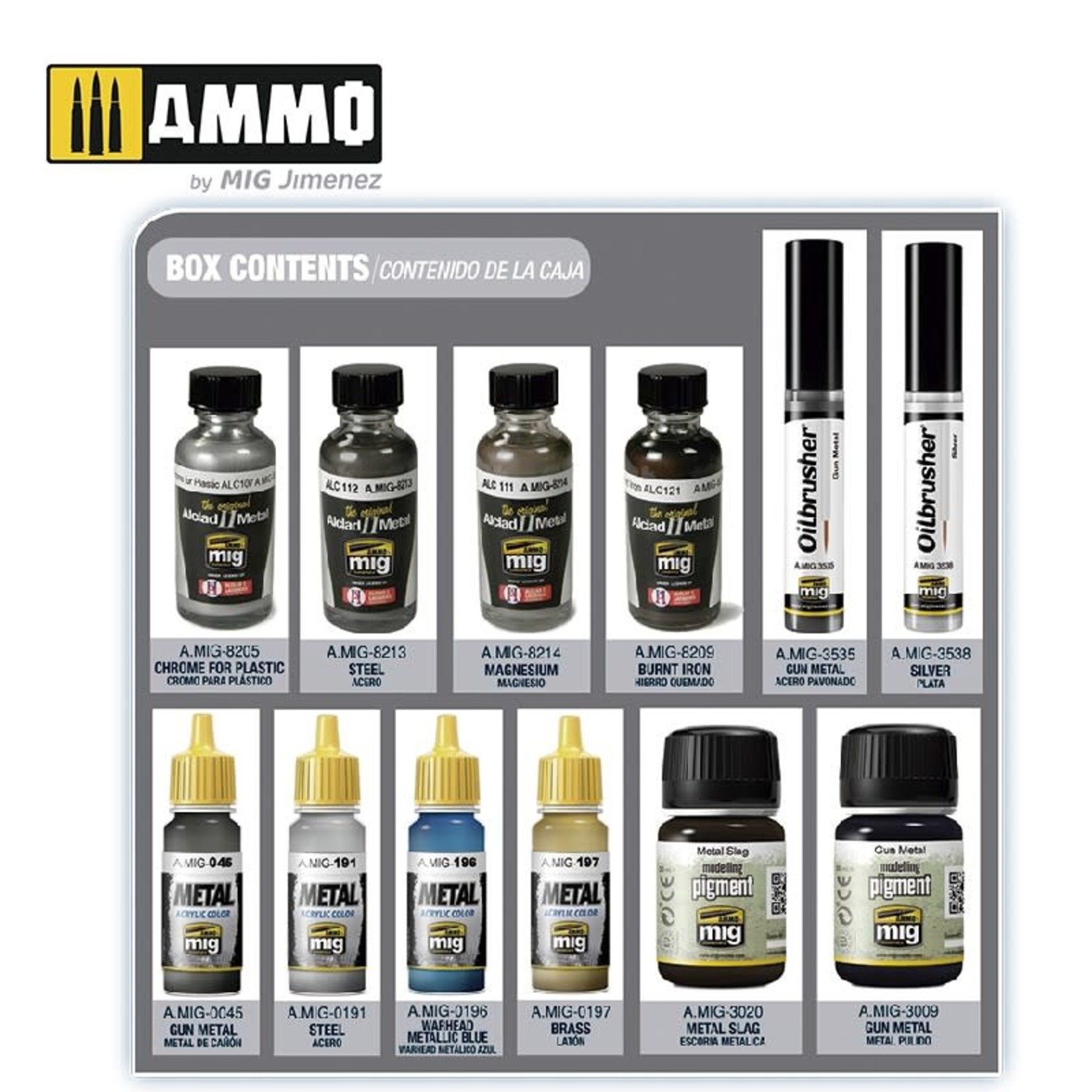 Ammo by Mig Jimenez A.MIG-7809 Super Pack Metallics Solution (12) Set